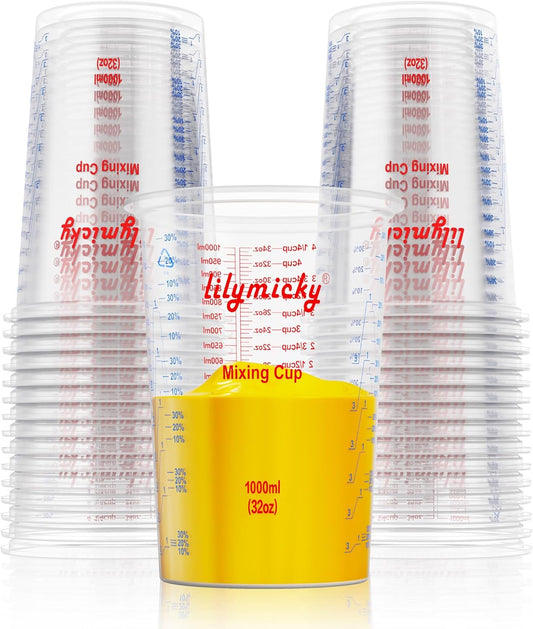 25 PACK Plastic Measuring Cups, 32 oz (1000ml) Disposable Mixing Cups, Measurement ratios: 2:1