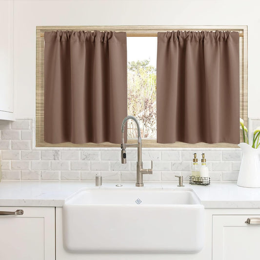 RYB HOME Blackout Curtains for Kitchen, Over Sink Privacy Curtains Window Decor, Thermal Insulating Drapes for Bathroom Cafe Bedroom Small Window, W 42 x L 24 inch, Mocha, 2 Panels