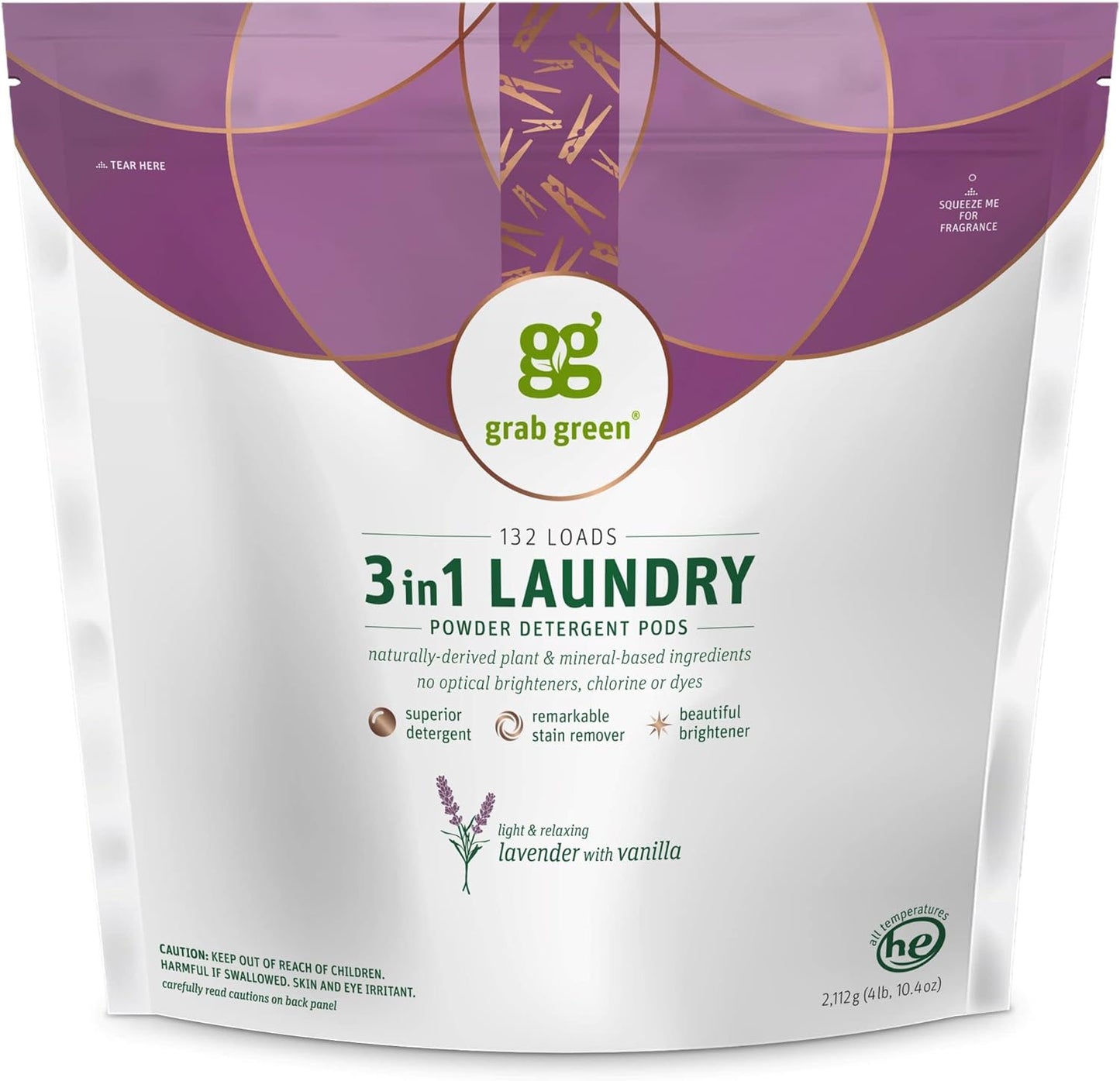 Grab Green 3-in-1 Laundry Detergent Pods, 132 Count, Lavender Vanilla Scent, Plant and Mineral Based, Superior Cleaning Power, Stain Remover, Brightens Clothes
