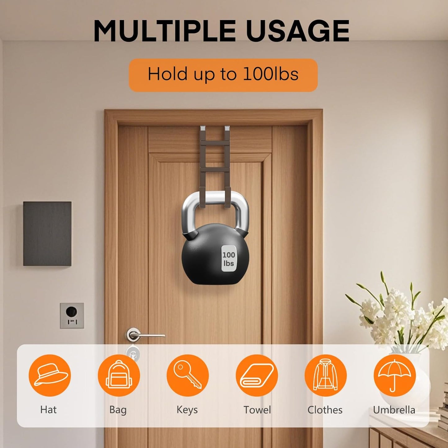 FYY Over The Door Hooks - 2 Pack Heavy Duty Dual-Hook Organizer Hanger with Non-Slip Rubber for Towels, Clothes, Hats & Bags Use in Bathroom, Bedroom, Kitchen - Fits Interior Doors Up to 1.6" Brown