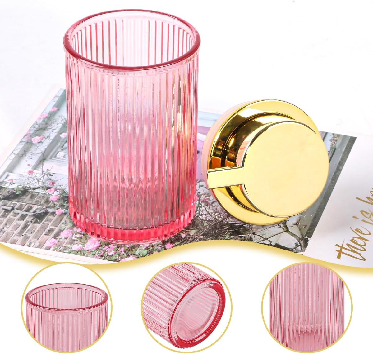 Pink Foaming Soap Dispenser, 12 Oz Glass Foaming Hand Soap Dispenser with Gold Pump, Bathroom Refillable Liquid Lotion Container Pump Ribbed Bottle for Kitchen Bathroom Decor, 1pc