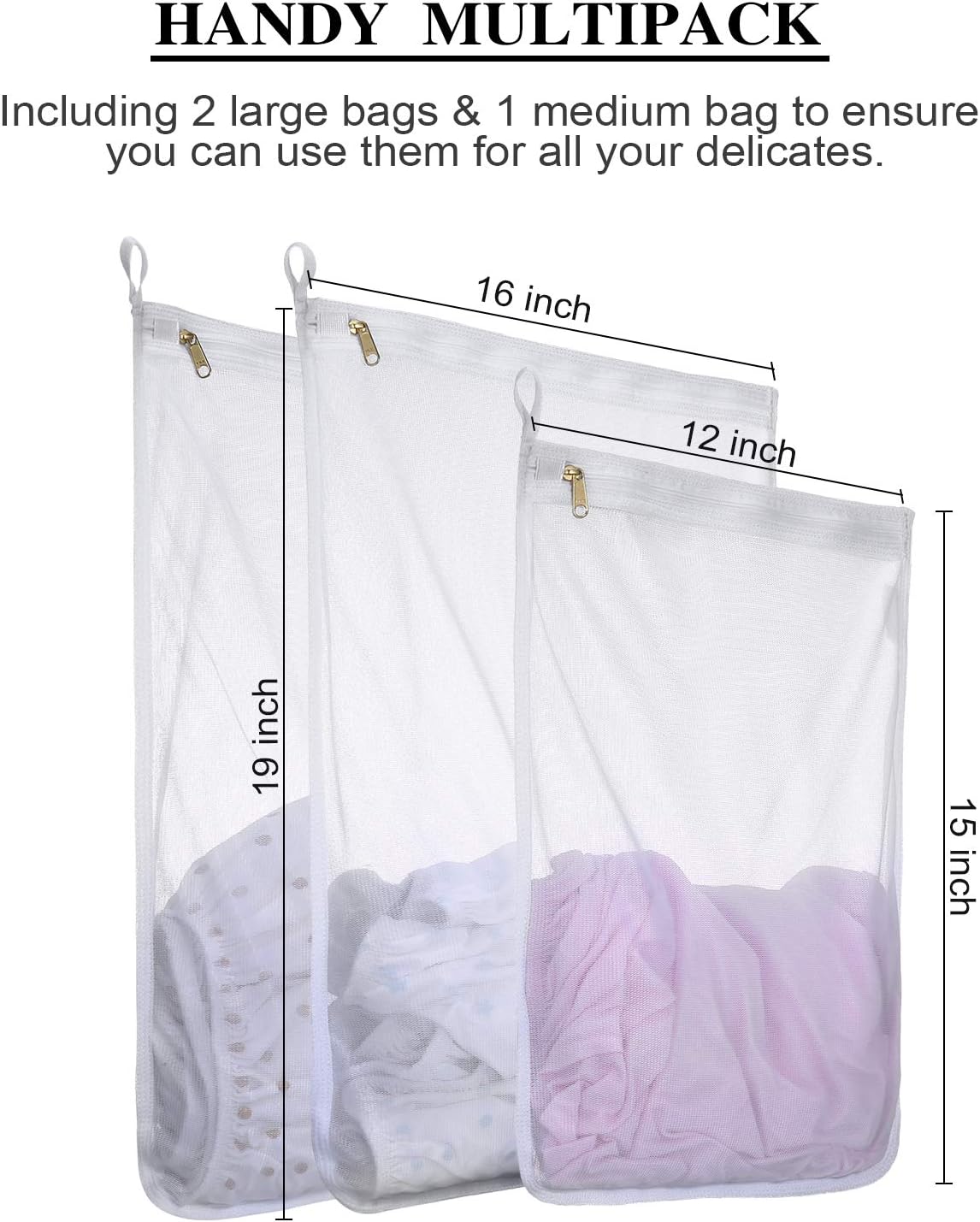 Reusable Mesh Laundry Bags, Delicates Garment Washing Bags for Travel/College, Durable Zipper Closure (2 Large 1 Medium)