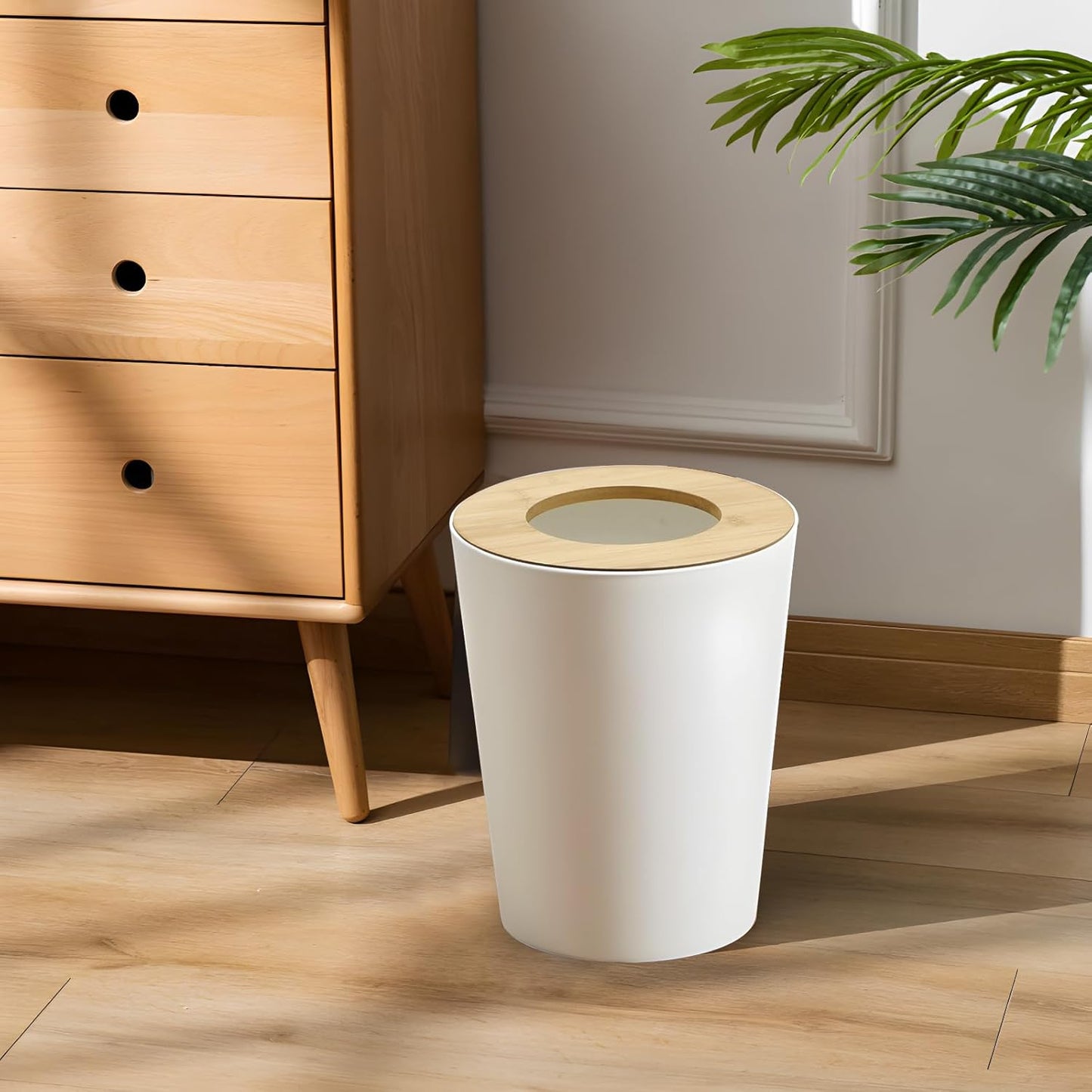 White Trash Can for Bedroom with Bamboo Lid, 2.4 Gallon Open Top Trash Can 2 Pack, Modern Aesthetic Garbage Can for Room Office Living Room, Small Bathroom Trash Bin Boho Style