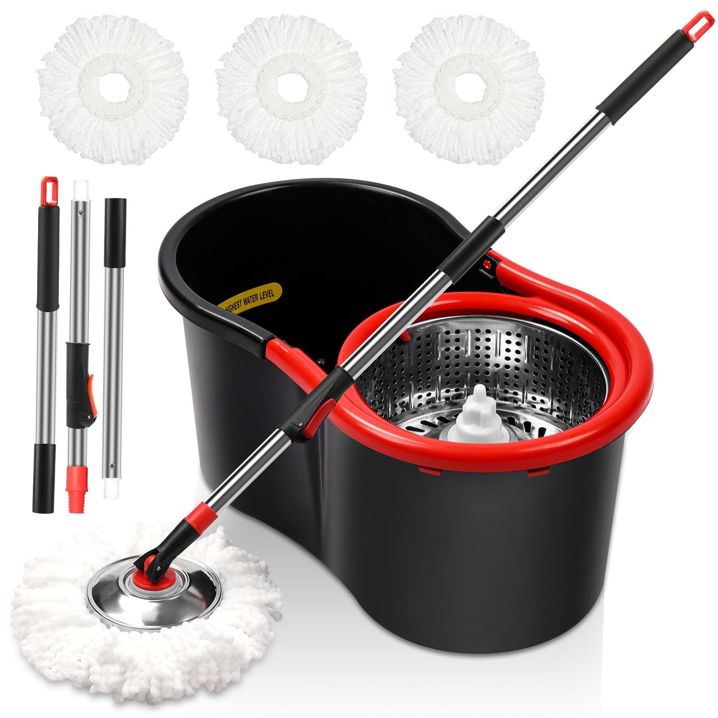 Spin Mop and Bucket with Wringer Set, 3 Microfiber Mop Heads, 51" Handle