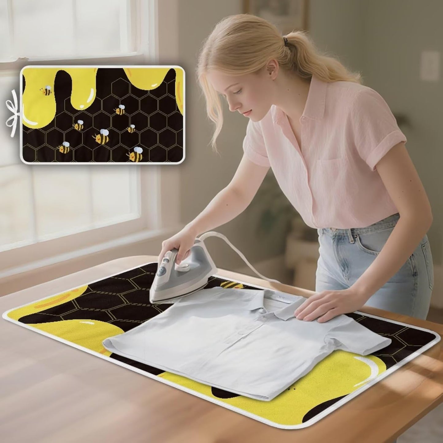 Cute Ironing Mat for Table top Washer,Dryer,Countertop,Bee Portable Iron Pad Blanket for Washer Dryer Countertop Travel 32 x 16 Inch Small Ironing Pads,Yellow
