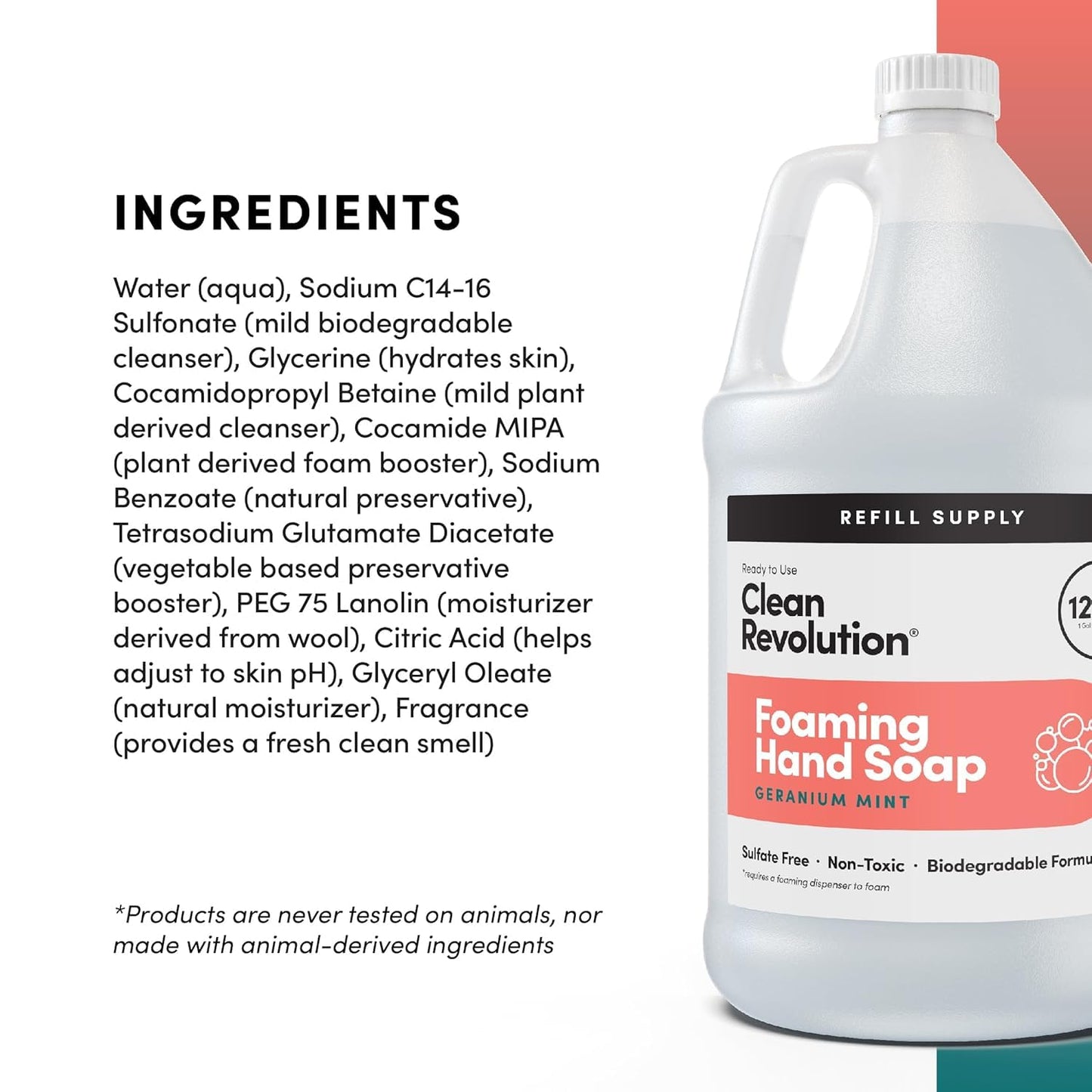 Clean Revolution Foaming Hand Soap Refill Supply Container, Ready to Use Formula, Gluten Free, Geranium Mint Fragrance, 128 Fl. Oz, 4 Pack - Made in USA