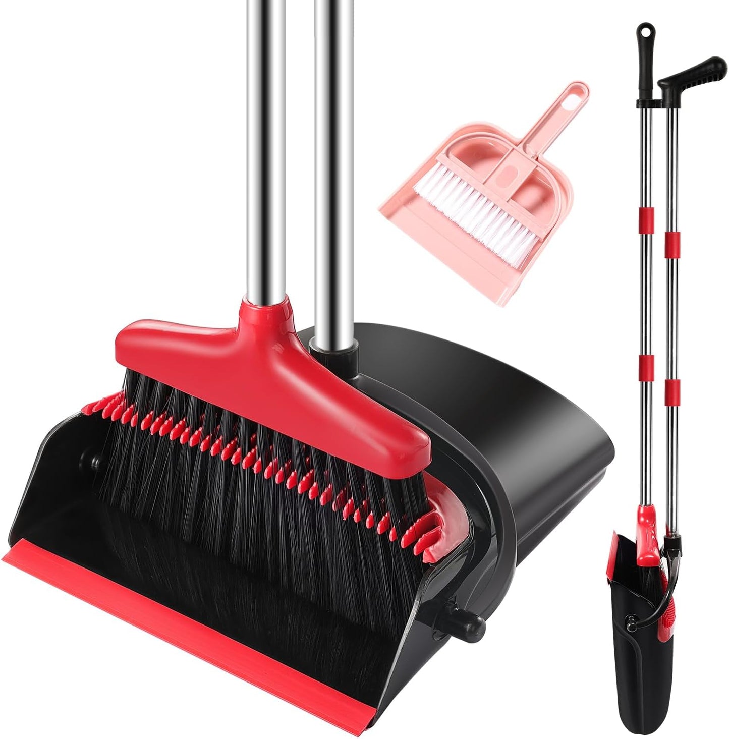 Broom and Dustpan Set with Long Handle – Upright Standing Broom Combo with Self-Cleaning Teeth & Windproof Dustpan, Floor Sweeper for Home, Kitchen, Pet Hair, Indoor Outdoor Use