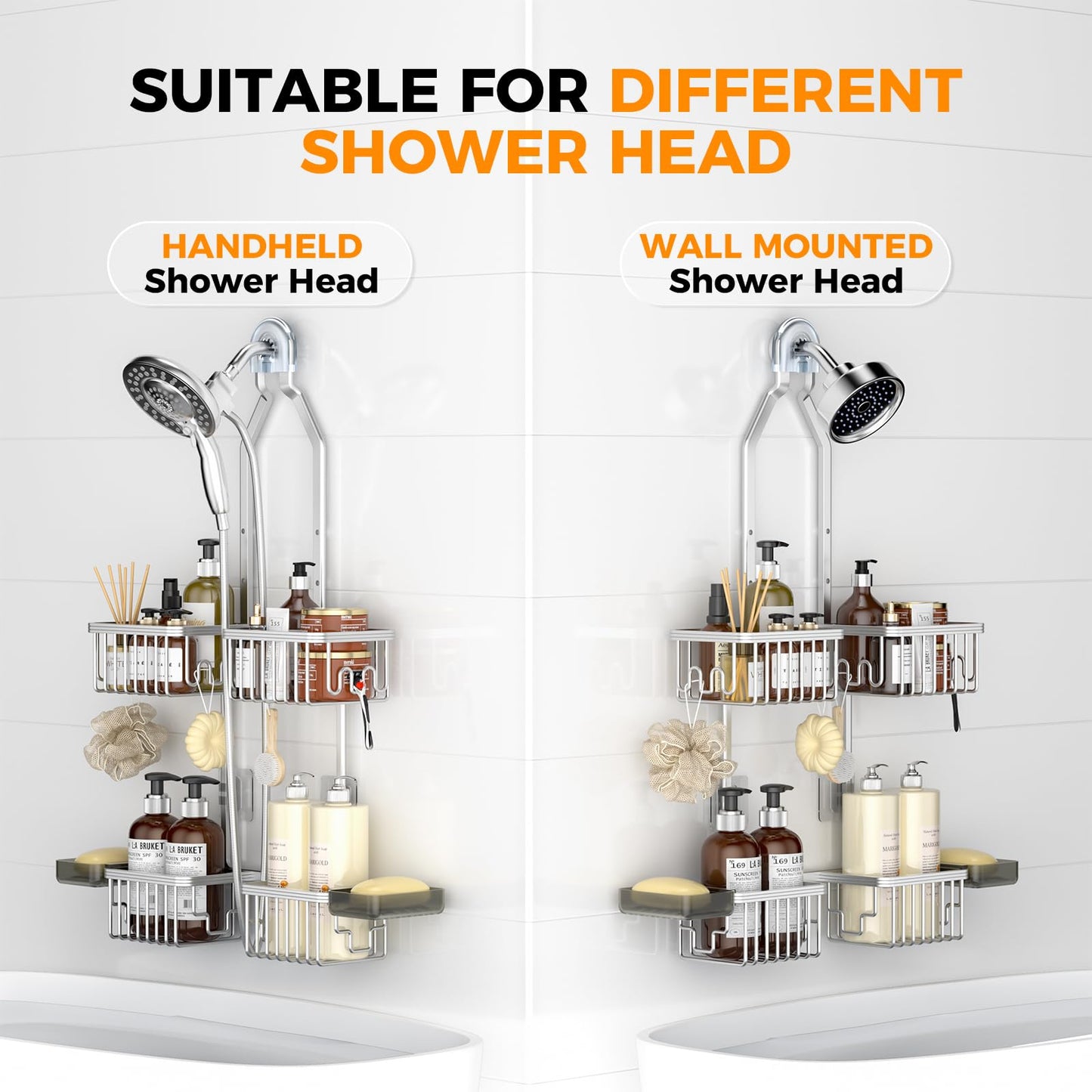 Adjustable Aluminum Shower Caddy Hanging for Handheld Showerhead, Silver