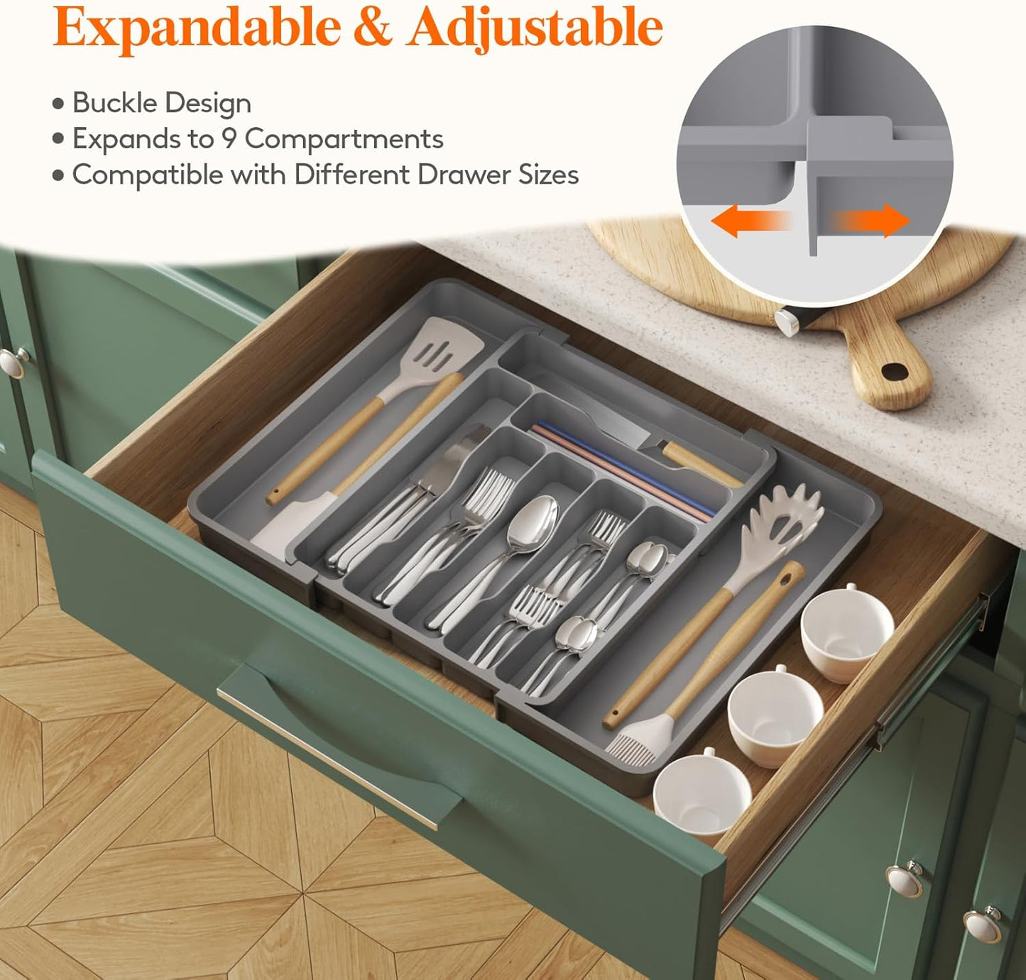 Lifewit Silverware Drawer Organizer, Expandable Utensil Organizer for Kitchen Drawers, Adjustable Cutlery and Flatware Tray, Plastic Spoons Forks Knives Holder Storage Dividers, Medium, Gray
