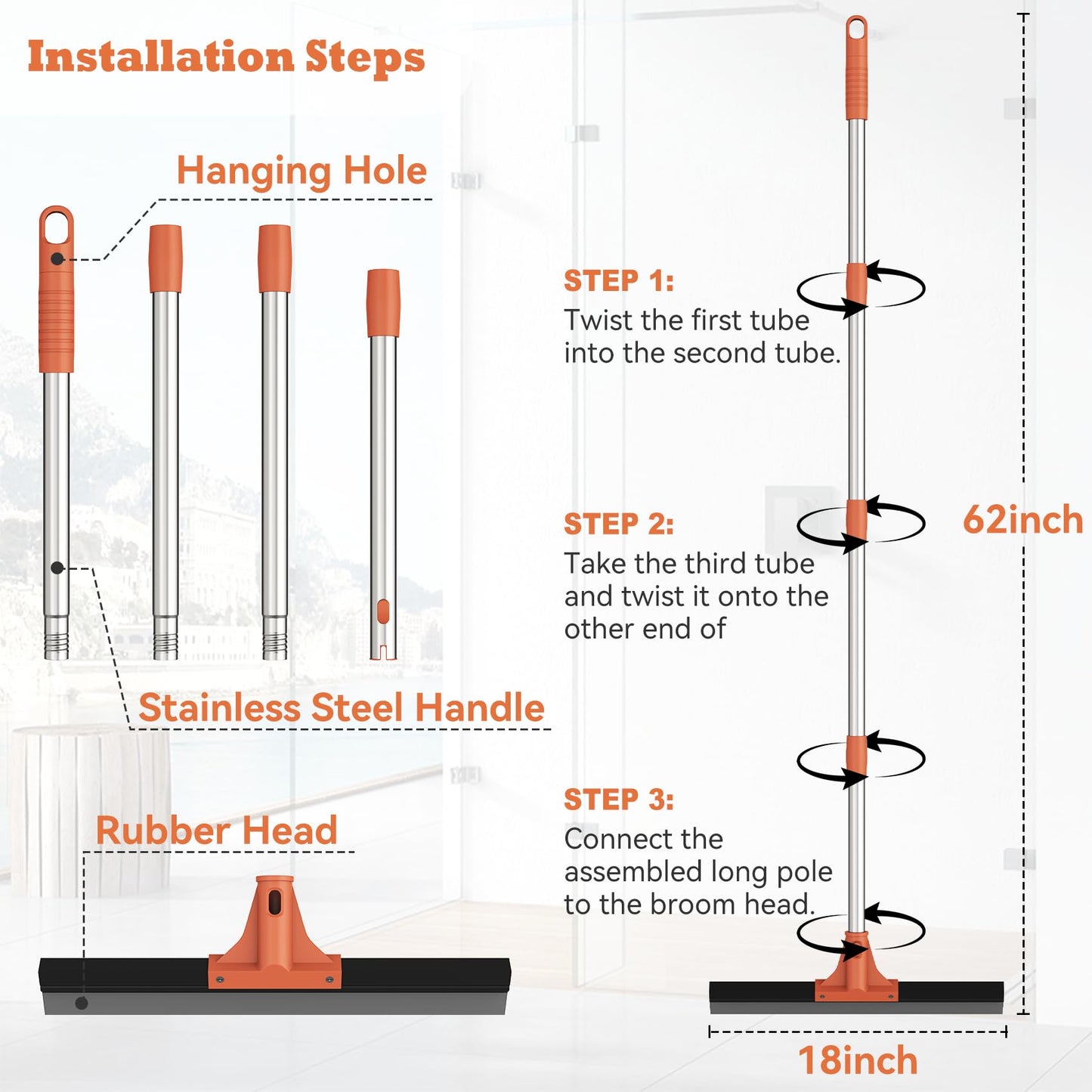 Floor Squeegee for Concrete Floor,18" Large Heavy Duty Squeegee for Floor, Rubber Broom with 62"