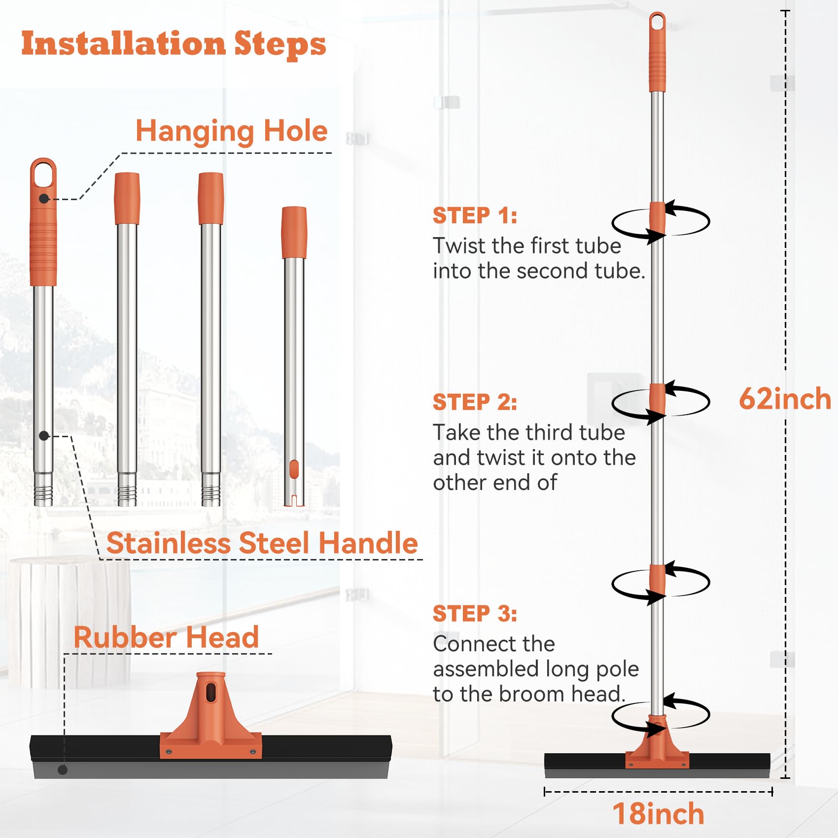 Floor Squeegee for Concrete Floor,18" Large Heavy Duty Squeegee for Floor, Rubber Broom with 62"