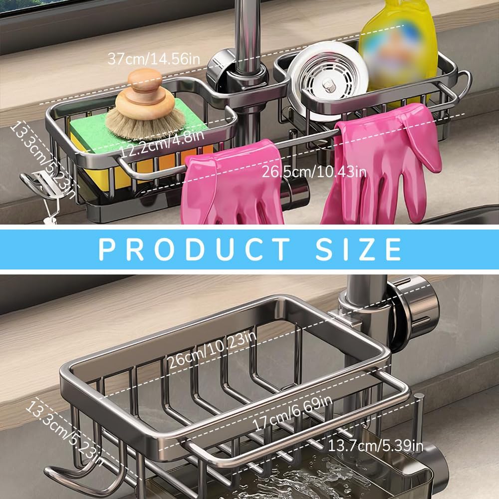 Sink organizer rack for kitchen and bathroom, Kitchen Sink Faucet Organizer with Drip Tray Faucet Sponge Holder (Black, Left)