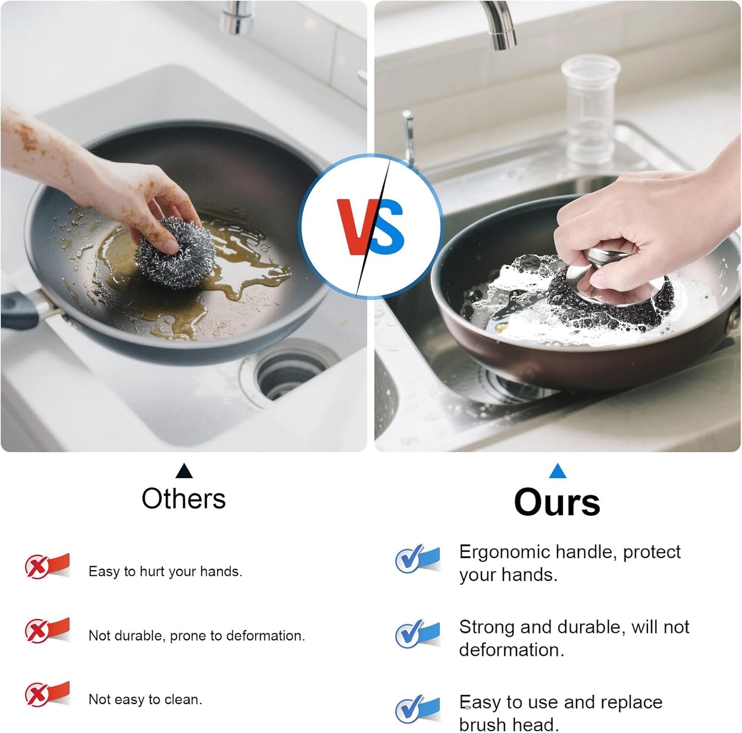 7PCS Steel Wool Scrubber Pads, Stainless Steel Scrubber Set with 1PCS Handle, Metal Scrubbers for Cleaning Kitchen and Household, Dishes, Stoves, Grill, Wash Sink, Pots