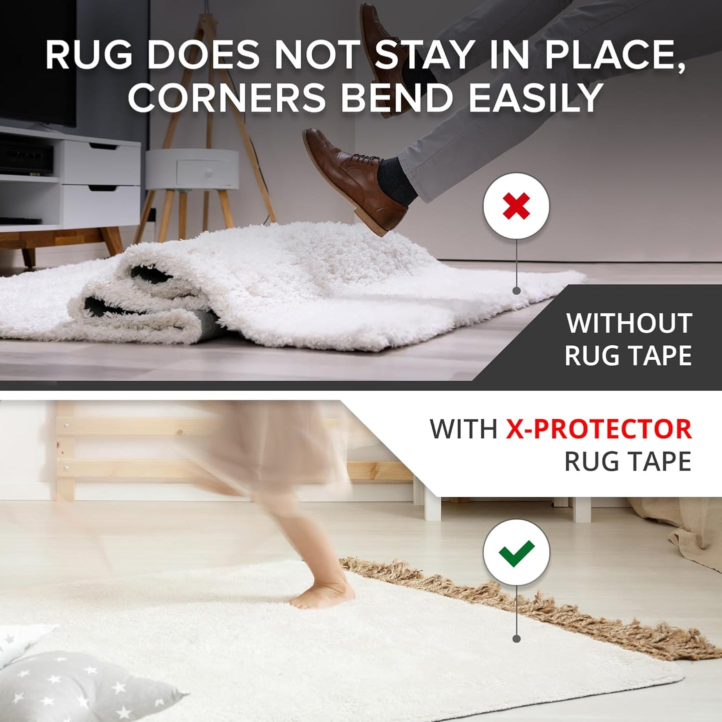 X-Protector Rug Tape - 16 Pcs Set - White Anti-Slip & Anti-Curling Carpet Tape for Hard Floors - Premium Rug Pad Gripper - Ideal Carpet Corner Grippers to Keep Your Carpet in Place & Make Corners Flat