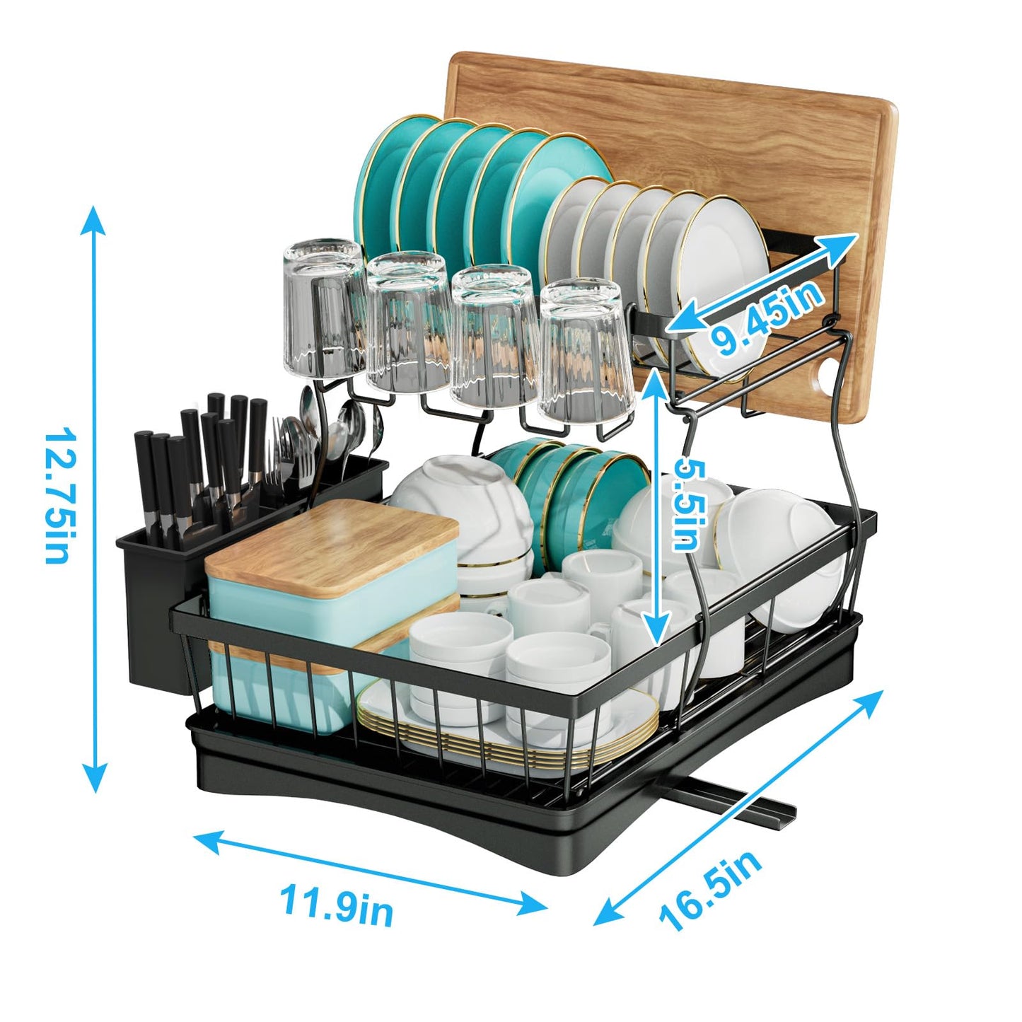 7 code 2-Tier Large Dish Drying Rack for Kitchen Counter, Black