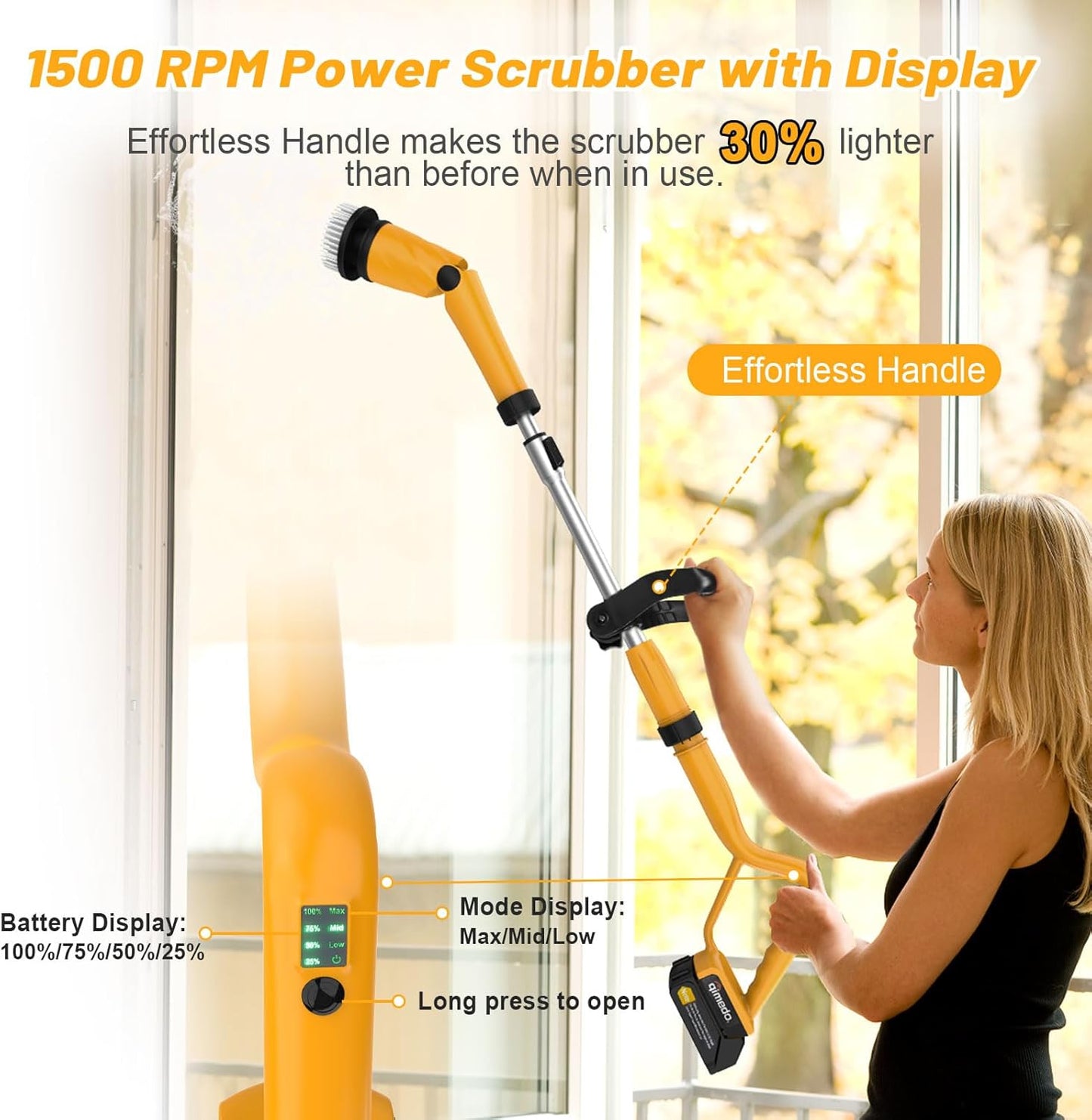 Qimedo 1500 RPM Electric Spin Scrubber with Two Batteries Q2 Pro, Cordless Battery Powered Shower Scrubber,Electric Tile Floor Scrubber with Display for Grout/Tile/Tub (Effortless Handle/8 Brushes)