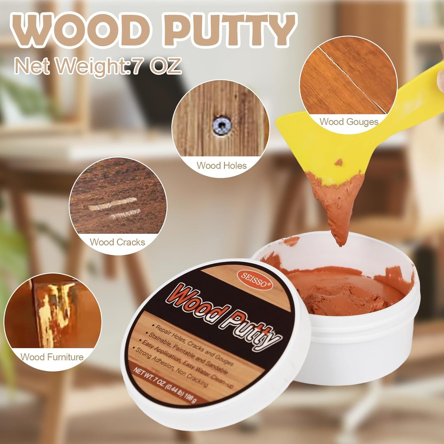SEISSO Wood Putty, Mahogany Wood Filler Paintable, Wood Putty Outdoor Waterproof, Wood Repair Putty Stainable, Wood Furniture Repair kit - Restore Wooden Table, Cabinet, Floors, Door