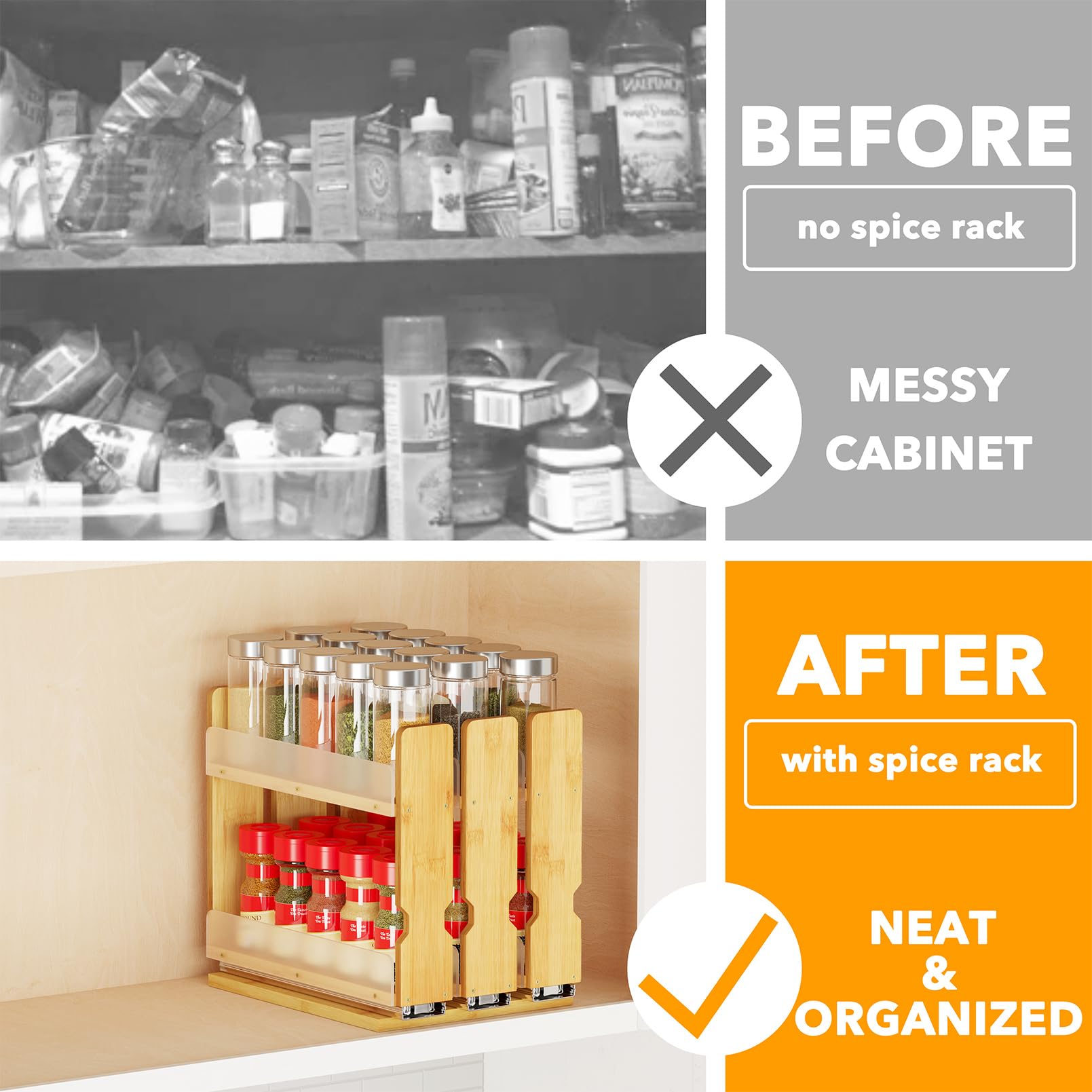SpaceAid Bamboo Pull Out Spice Rack Organizer for Cabinet, Heavy Duty Slide Out Seasoning Kitchen