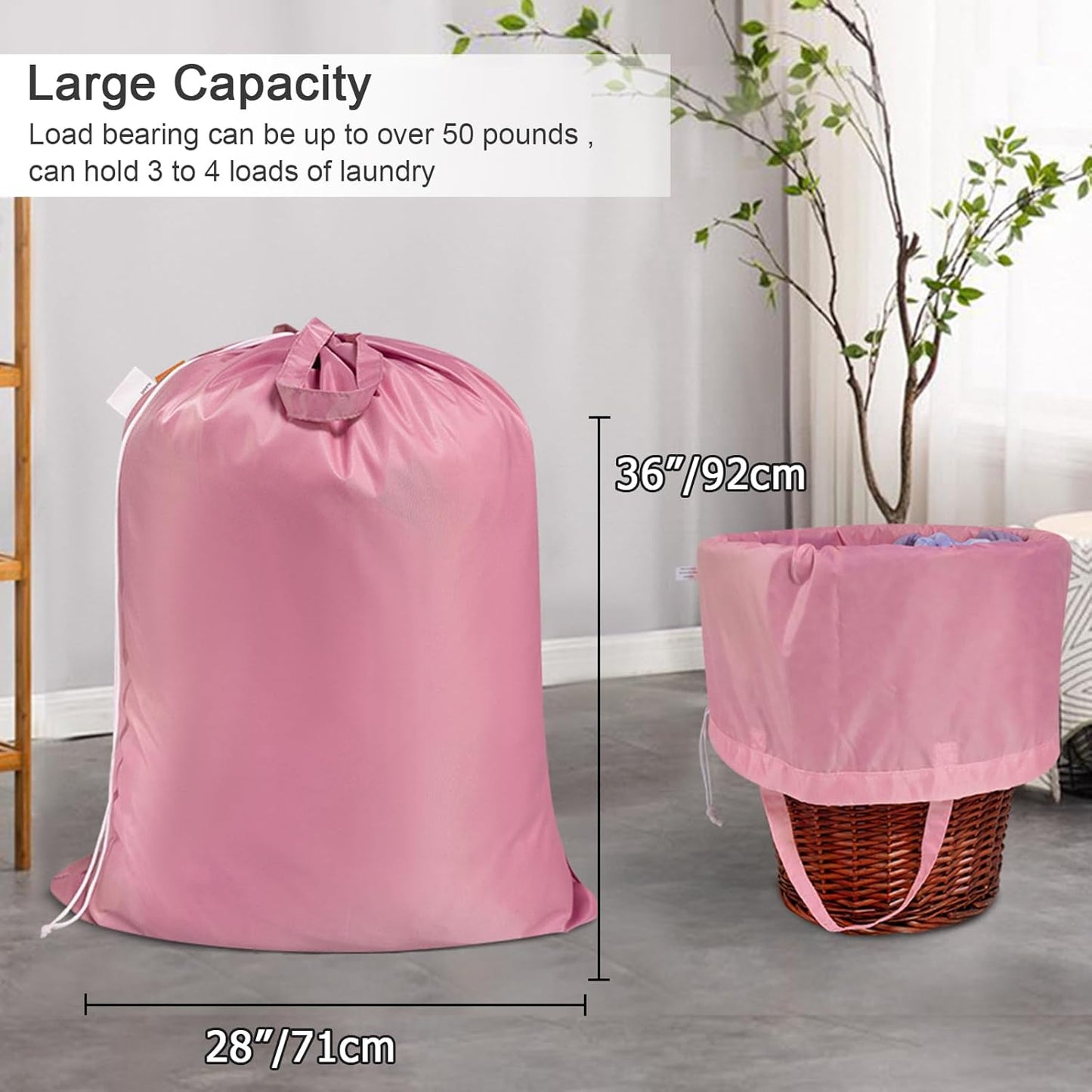 Polecasa Heavy Duty Large Laundry Bag with 130gsm Tear Resistant Fabric and Handles, Easy to Carry Durable Dirty Clothes Drawstring Bag, Perfect for College Dorm, Travel - 28”x36”, Pink