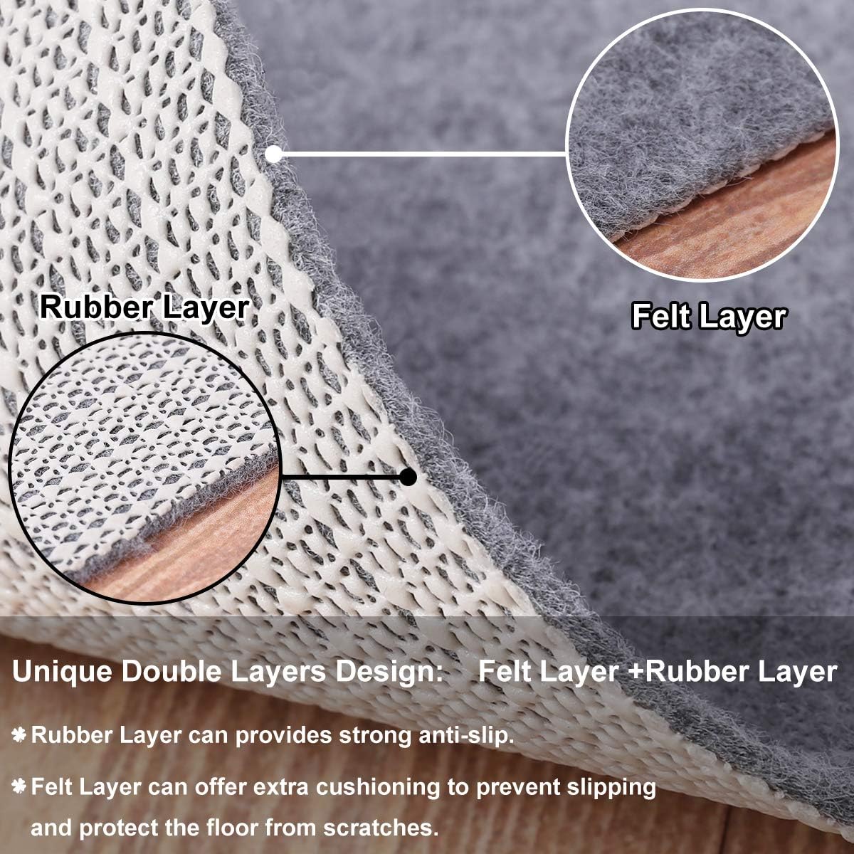 Non Slip Rug Pad Grippers - 4x6, 1/8" Thick, (Felt + Rubber) Double Layers Area Carpet Mat Tap
