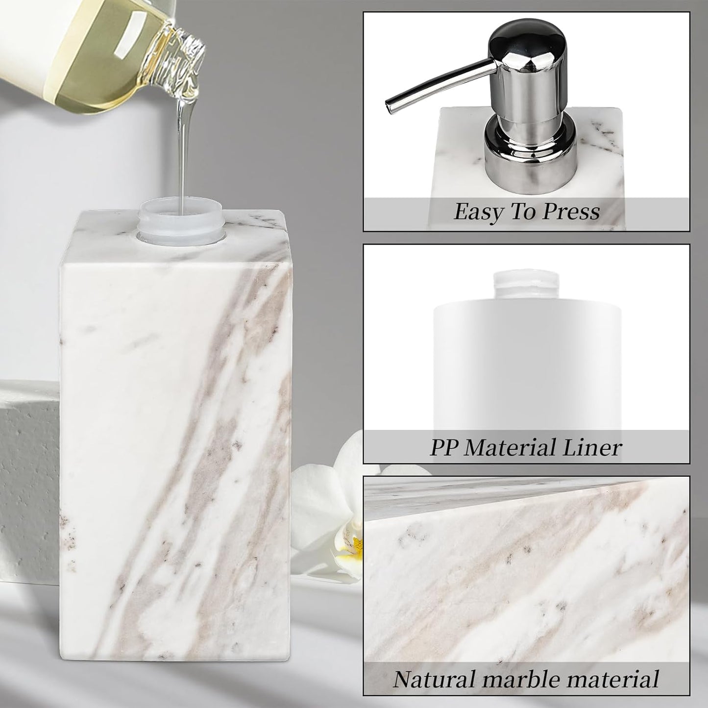 White Marble Soap Dispenser for Bathroom and Kitchen Countertop - Lotion and Liquid Soap Dispenser, 6.7 Ounces Soap Bottle with Pump