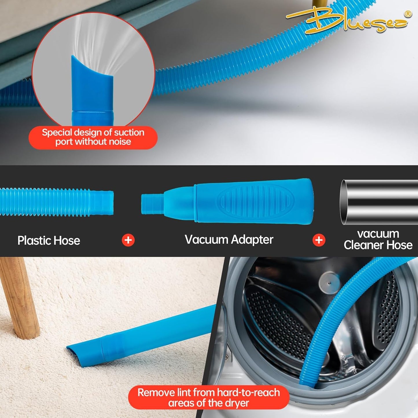 BLuesea Dryer Vent Cleaner Kit, 15-Piece Ultimate Dryer Cleaning Kit Include 50 Feet Dryer Vent Brush, Upgrade Noiseless Dryer Lint Vacuum Attachment, Lint Trap Brush, Vacuum & Dryer Adapters