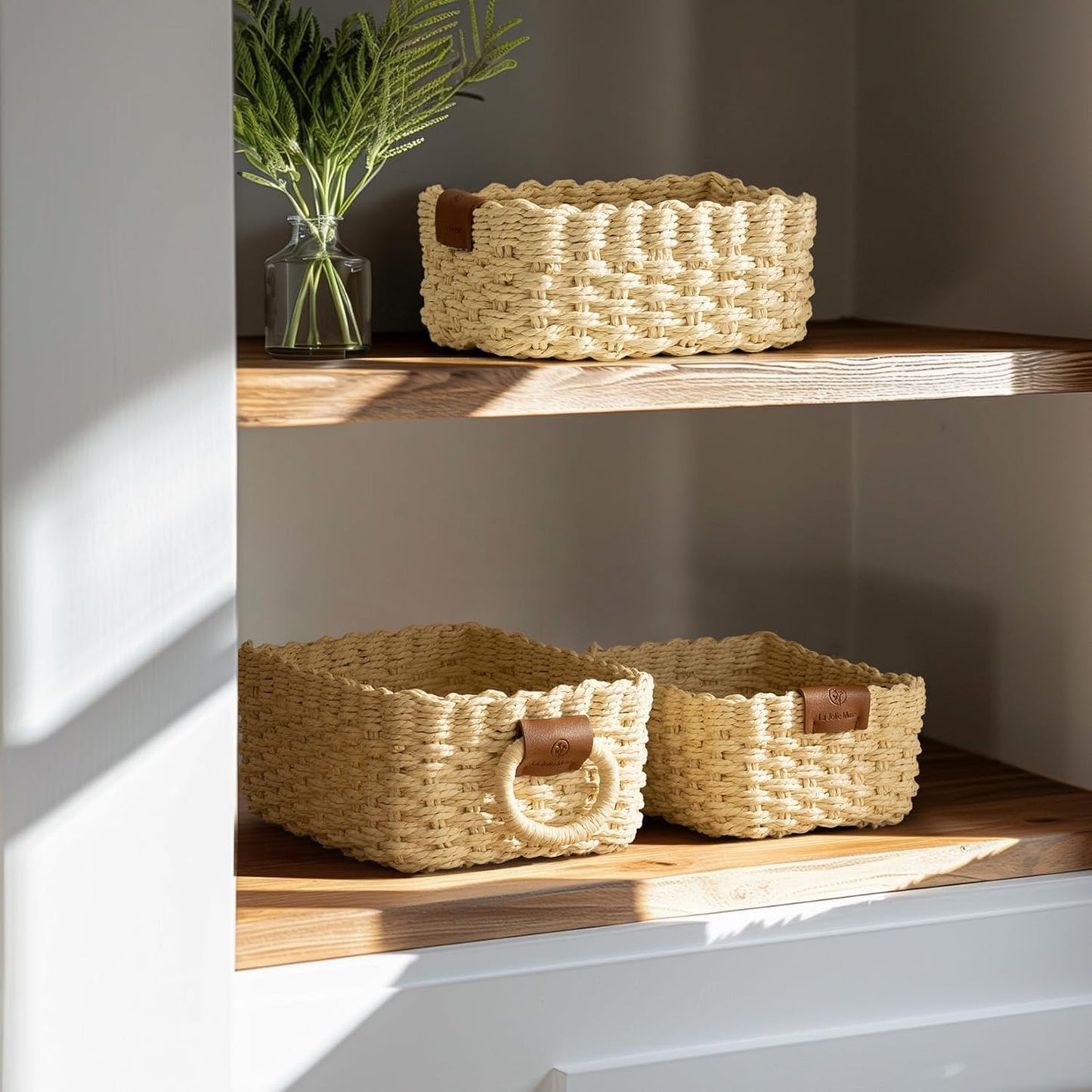 LA JOLIE MUSE Small Beige Wicker Baskets for Organizing, Recycled Paper Rope Storage Basket Container Bins for Shelves Bathroom Cupboards Drawer, Decorative Square Basket Organizer Set of 3