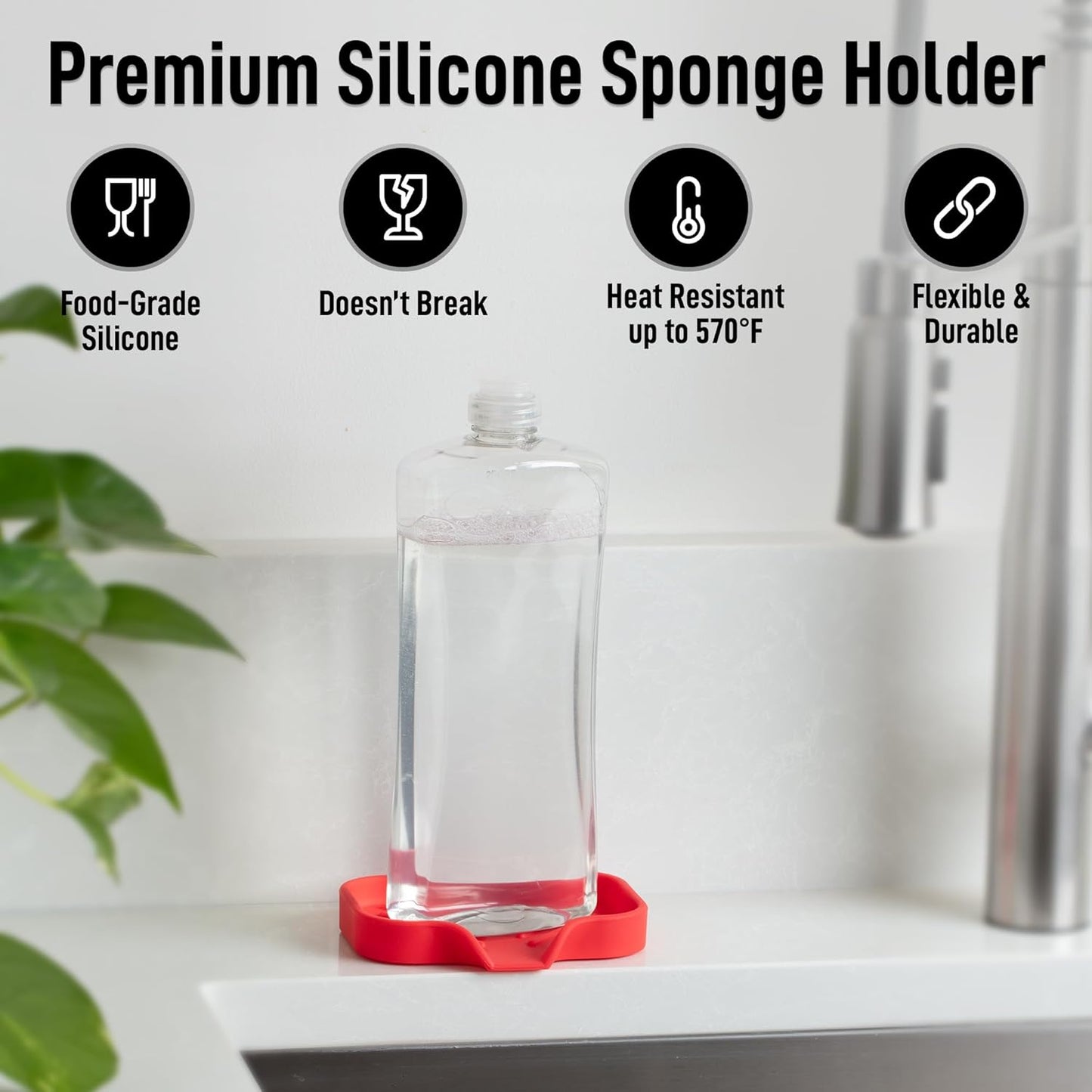 Zulay Small Silicone Sponge Holder (4.9x3.3”) – Space-Saving Sink Organizer Tray for Sponge, Soap, Brush & More – Compact Non-Slip Dish for Kitchen & Bathroom (Red)