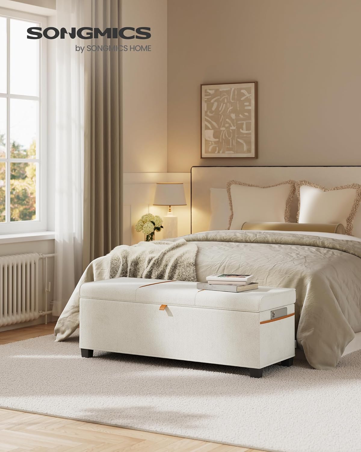 SONGMICS Storage Ottoman Bench, Storage Chest, 15.7 x 43.3 x 15.7 Inches, End of Bed Bench, 27 Gal. (103 L), for Bedroom, Entryway, Living Room, Cream White ULSF533W01