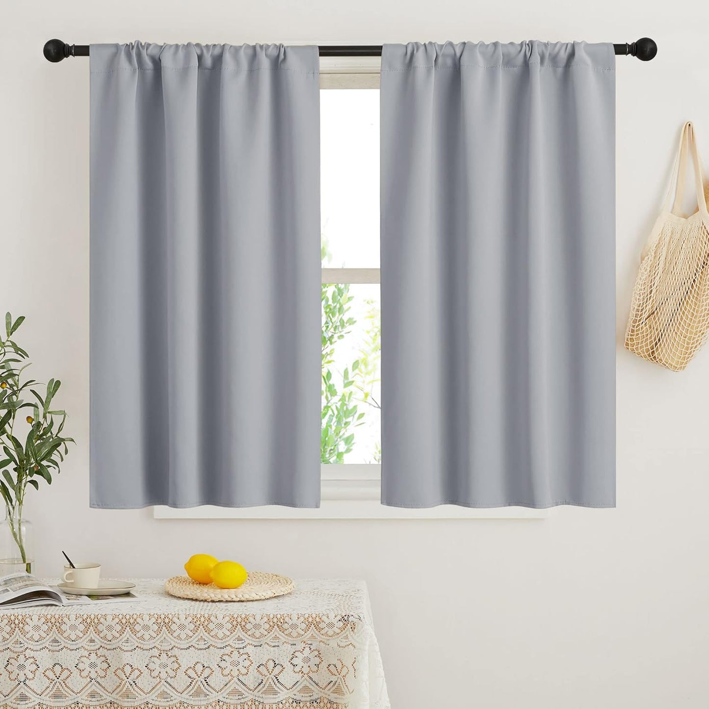 RYB HOME Kitchen Curtains 45 inch Length 2 Panels Set, Privacy Assured Drapes Room Darkening Small Window Treatment for Cafe Bathroom, W34 x L45 inch, Silver Grey