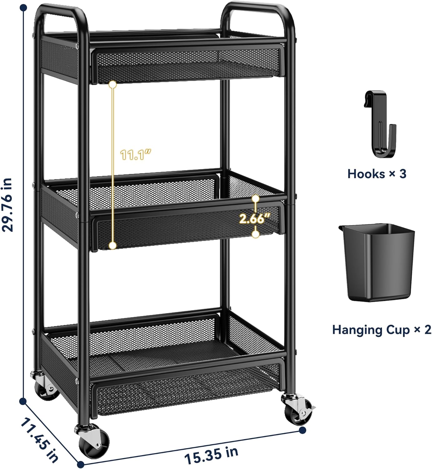 YASONIC 3 Tier Rolling Cart – Metal Utility Storage Cart with Wheels, Craft Cart Organizer with Hanging Cups, Hooks, Mesh Basket for Bedside Kitchen Office Art, Black