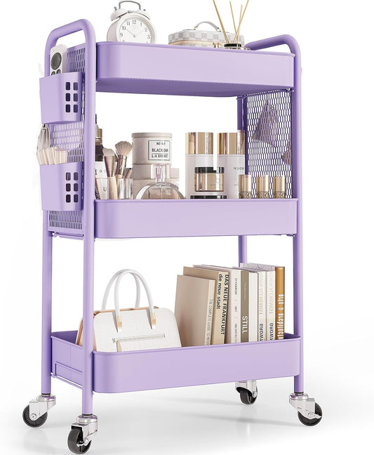 TOOLF 3 Tier Rolling Cart Storage Organizer, Metal Rolling Utility Cart with Wheels, Hooks & Bins Esthetician Craft Art Sturdy Storage with Pegboard for Bathroom, Kitchen, Office, Nursery Diaper