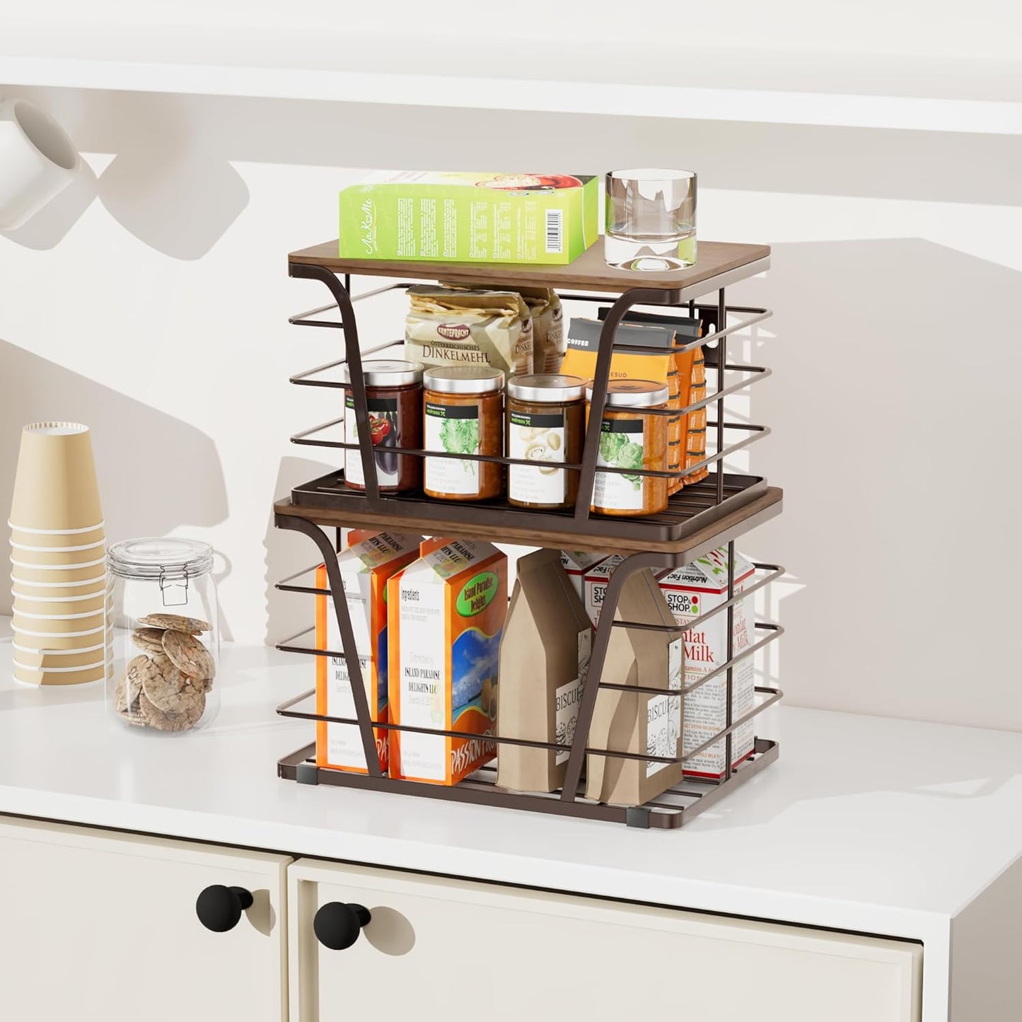 Extra Large 2 Pack Stackable Storage Pantry Organizers and Storage, Wall Mount Trash Bag Holder with Bamboo Top and Garbage Bag Dispenser, Brown