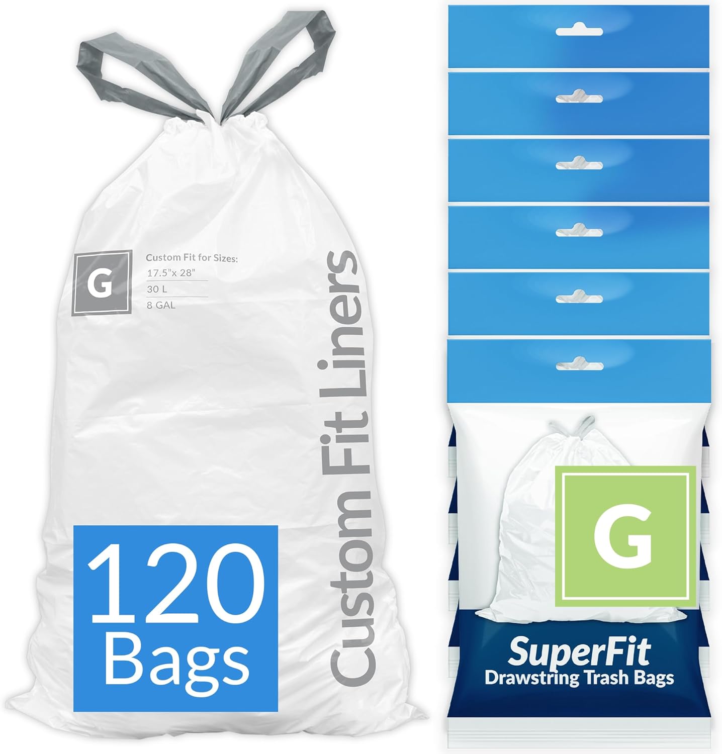 Reli. SuperFit Code G (120 Count) | Compatible with Simplehuman Code G | Dispenser Pack Custom Fit Liners | Drawstring Trash Bags | 30 Liter / 8 Gallon | White