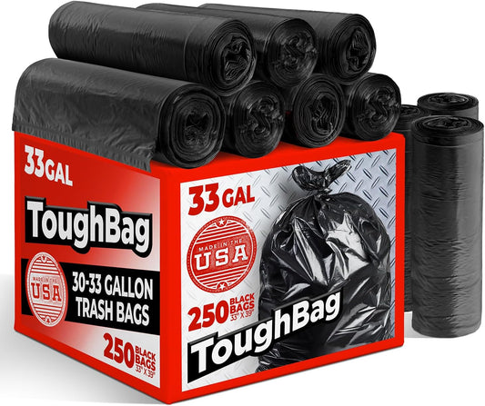 ToughBag 30-33 Gallon Trash Bags Heavy Duty, 32 x 38" Black Garbage Bags (250 COUNT) – 30+, 32 Gallon Trash Bags - Made In USA