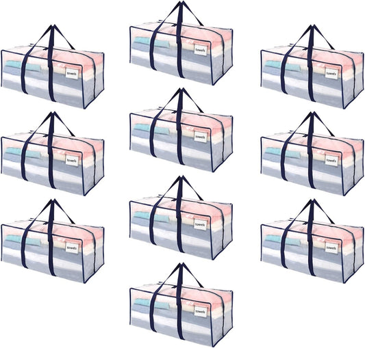 VENO 10 Pack Moving Bags Plastic Storage Totes Clothes Organization Large W Lid/Zipper. Packing Boxes/Bins Alternative. Space Saving Foldable College Supplies Essentials (Clear, 10 Pack)