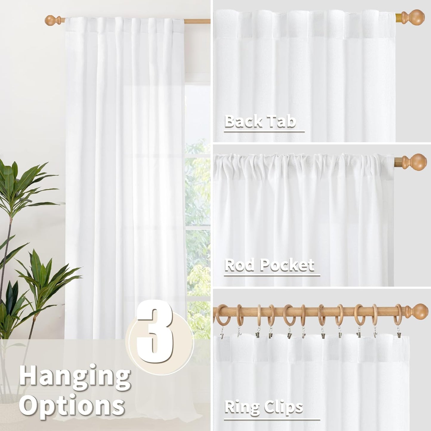 YoungsTex Short White Linen Curtains 45 Inch Length 2 Panels for Window, Semi Sheer Drapes Light Filtering with Rod Pocket Back Tab Lightweight for Cafe Kitchen Bathroom, 42 X 45 Inch