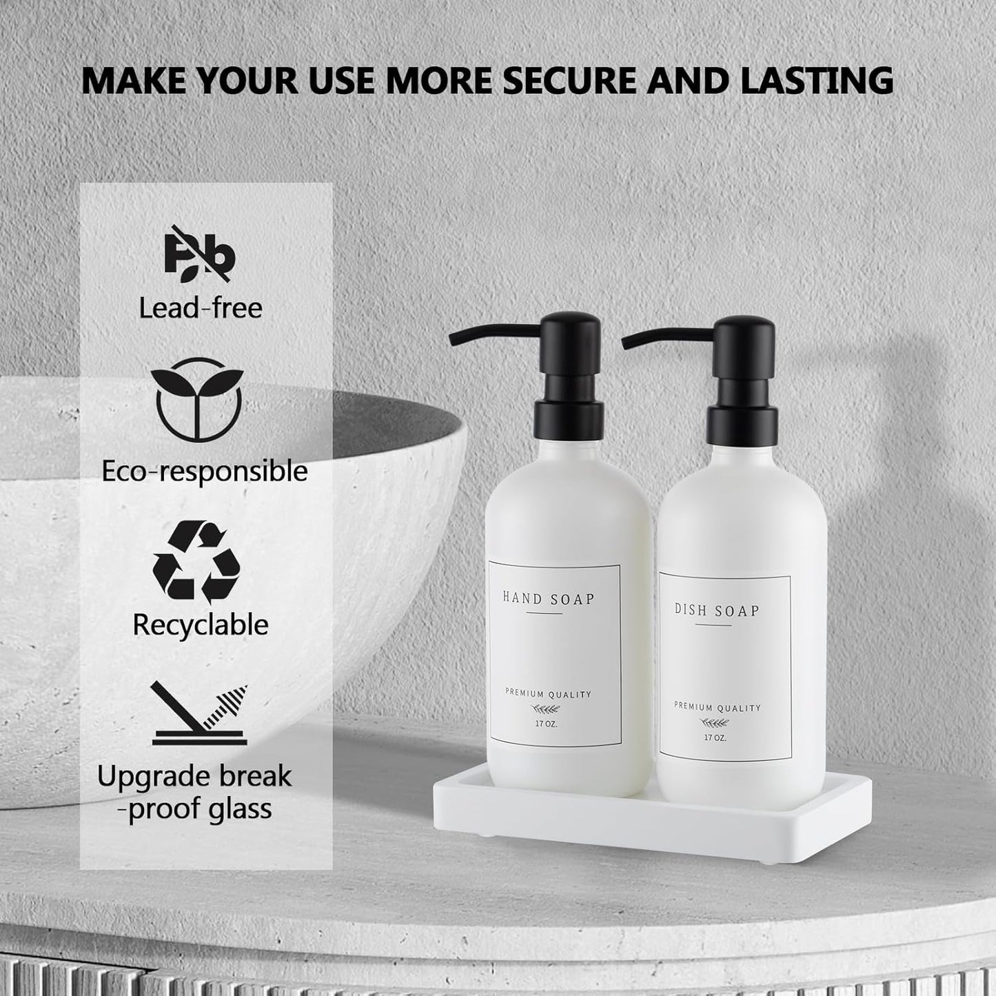 Thick Glass Soap Dispenser - Kitchen Dish Hand Soap Dispenser Set,Rustproof Pump Soap Lotion Dispenser Bathroom with Tray,14 Stickers for Kitchen Decor White Bottle/Black Pump