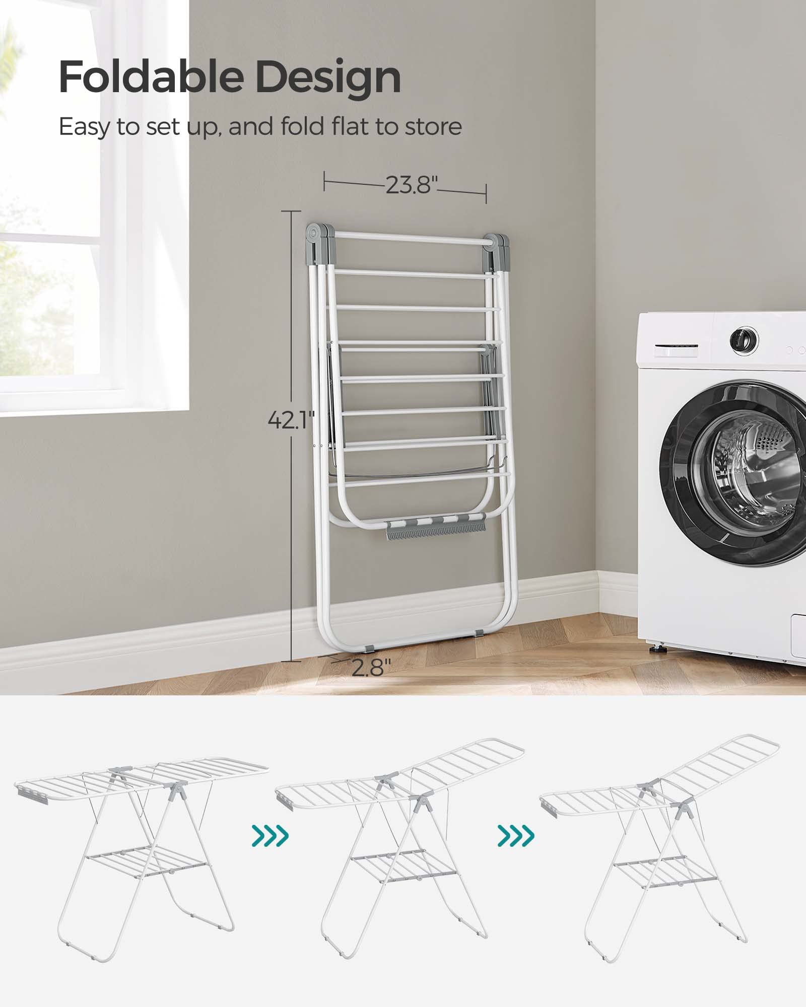 SONGMICS Clothes Drying Rack, with Sock Clips, Metal Laundry Rack, Foldable, Space-Saving