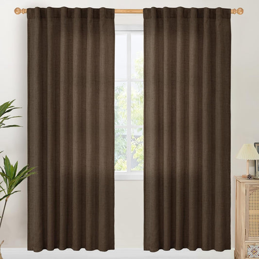 YoungsTex Brown Linen Curtains 78 Inch Length for Living Room, Semi Sheer Window Drapes with Rod Pocket Back Tab Light Filtering for Bedroom Office Farmhouse, 2 Panels, 52 X 78 Inch