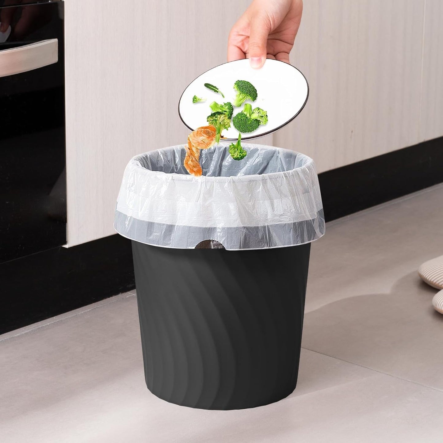 YGJT Small Trash Can, 3 Pack 1.8 Gallons Bathroom Trash Can Waste Basket, Round Garbage Can, Plastic Trash Bin for Kitchen, Dorm, Bedroom, Office, Living Room, Study, Compact Spaces(White Black Grey)
