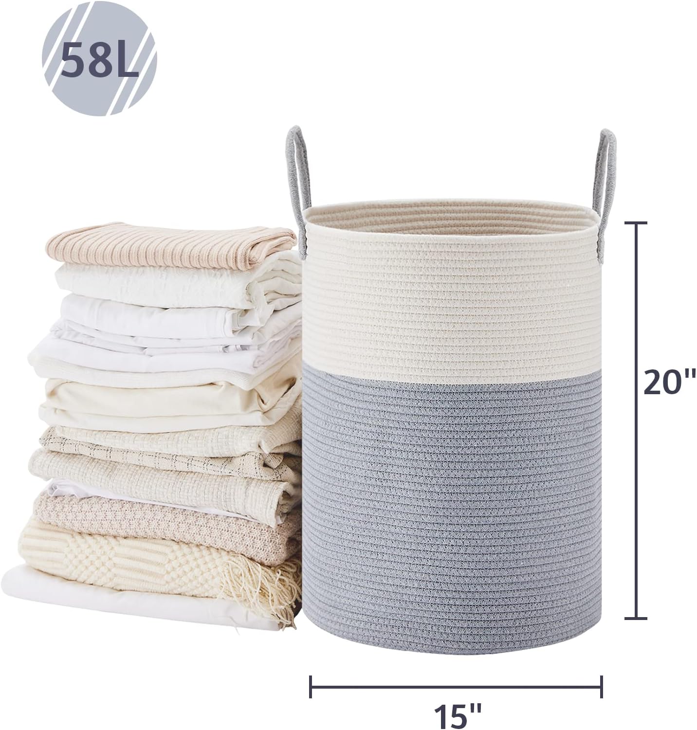VIPOSCO Large Laundry Hamper, Tall Woven Rope Storage Basket for Blanket, Toys, Dirty Clothes in Living Room, Bathroom, Bedroom - 58L Grey & White