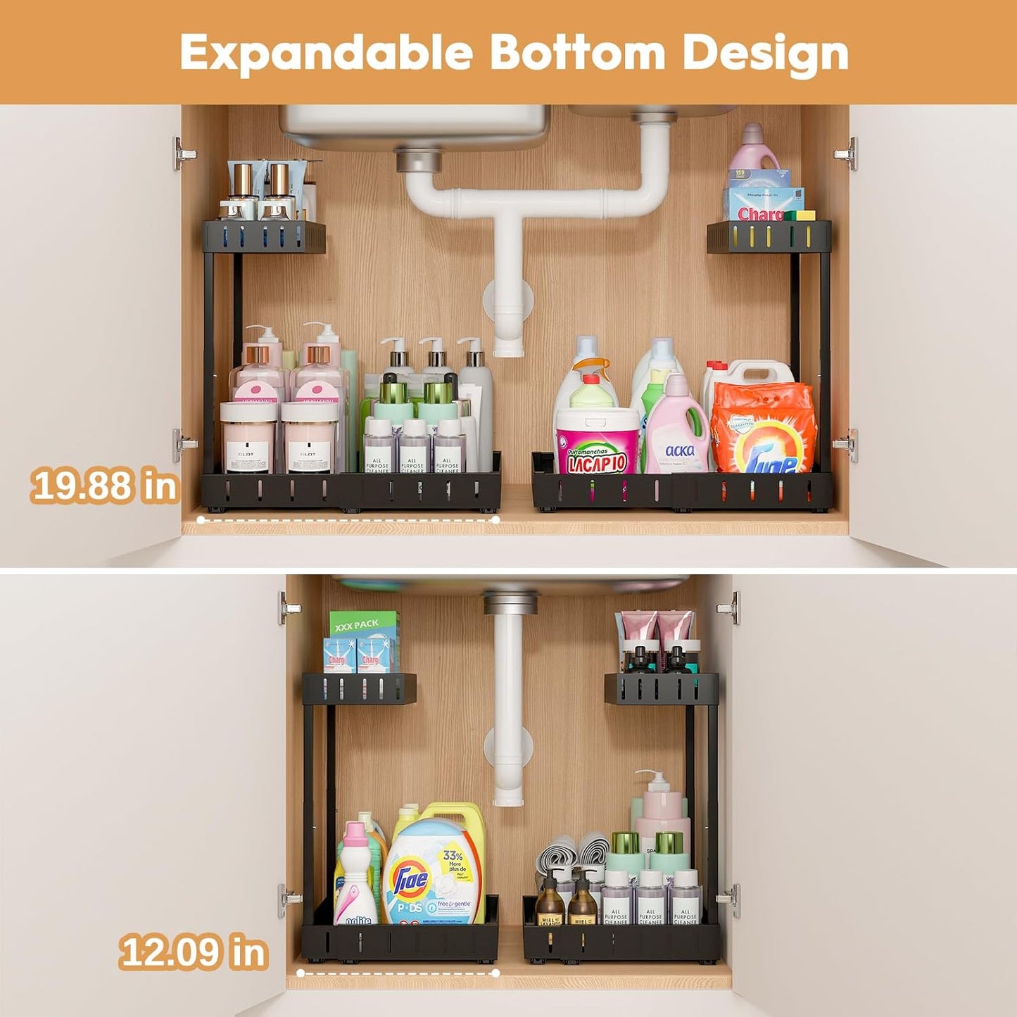 REALINN Under Sink Organizer, 2 Tier Expandable Under Cabinet Organizer, Heights Adjustable Pull Out Storage for Kitchen Bathroom Laundry, Black, 1 Pack