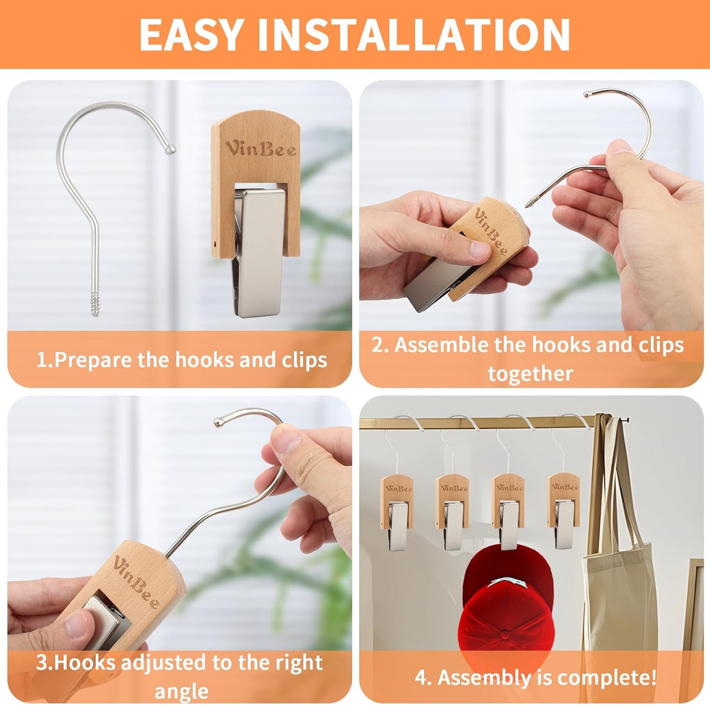 VinBee 6 PCS Hooks with Clips for Hanging,Wooden Laundry Hooks Hanging Clips Hook,Clothes Pins with Hook,Wooden Closet Organizer Clamps Clothes Clip Laundry Clip with Hook for Pants Hats Socks Gloves