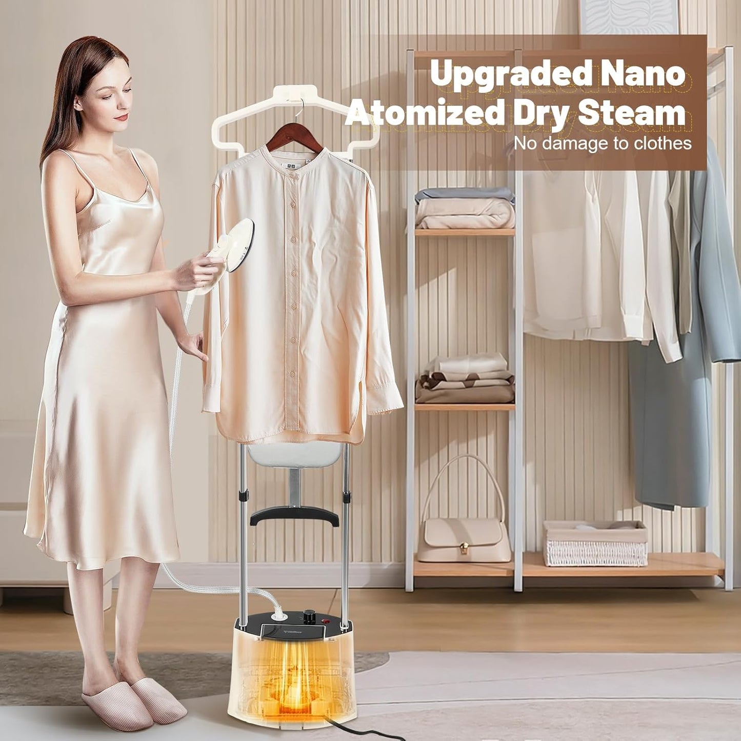 Standing Garment Steamer 1500W Professional Steamer for Clothes 25s Fast Heat-up with Rotating Ironing Head 1.6L/54 fl.oz Water Tank, Self-cleaning Function, Foldable Ironing Board, Ironing Gloves