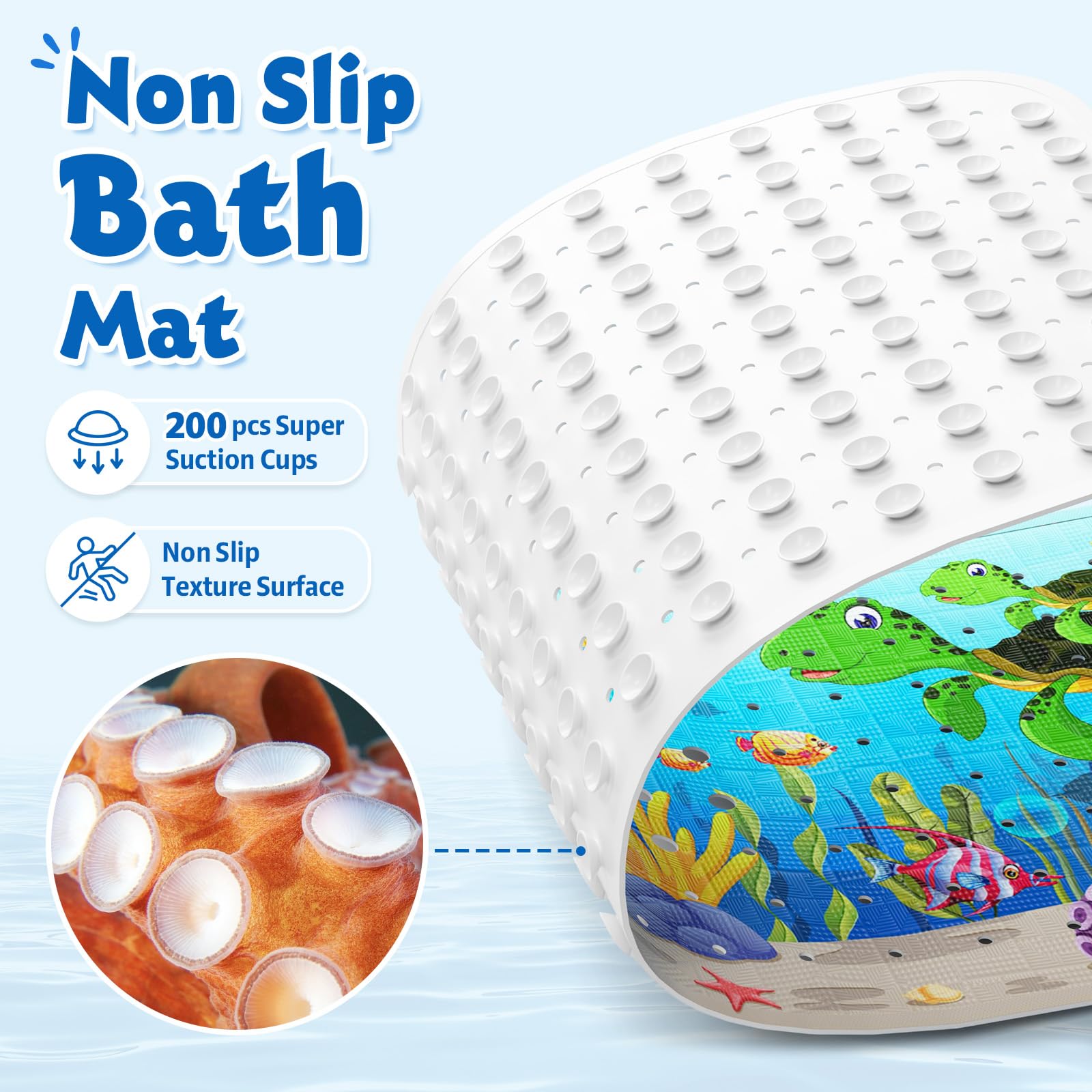 XIYUNTE Baby Bath Mat for Tub Non Slip, BPA Free Extra Long Bathtub Mat Non Slip 40x16 with Drain