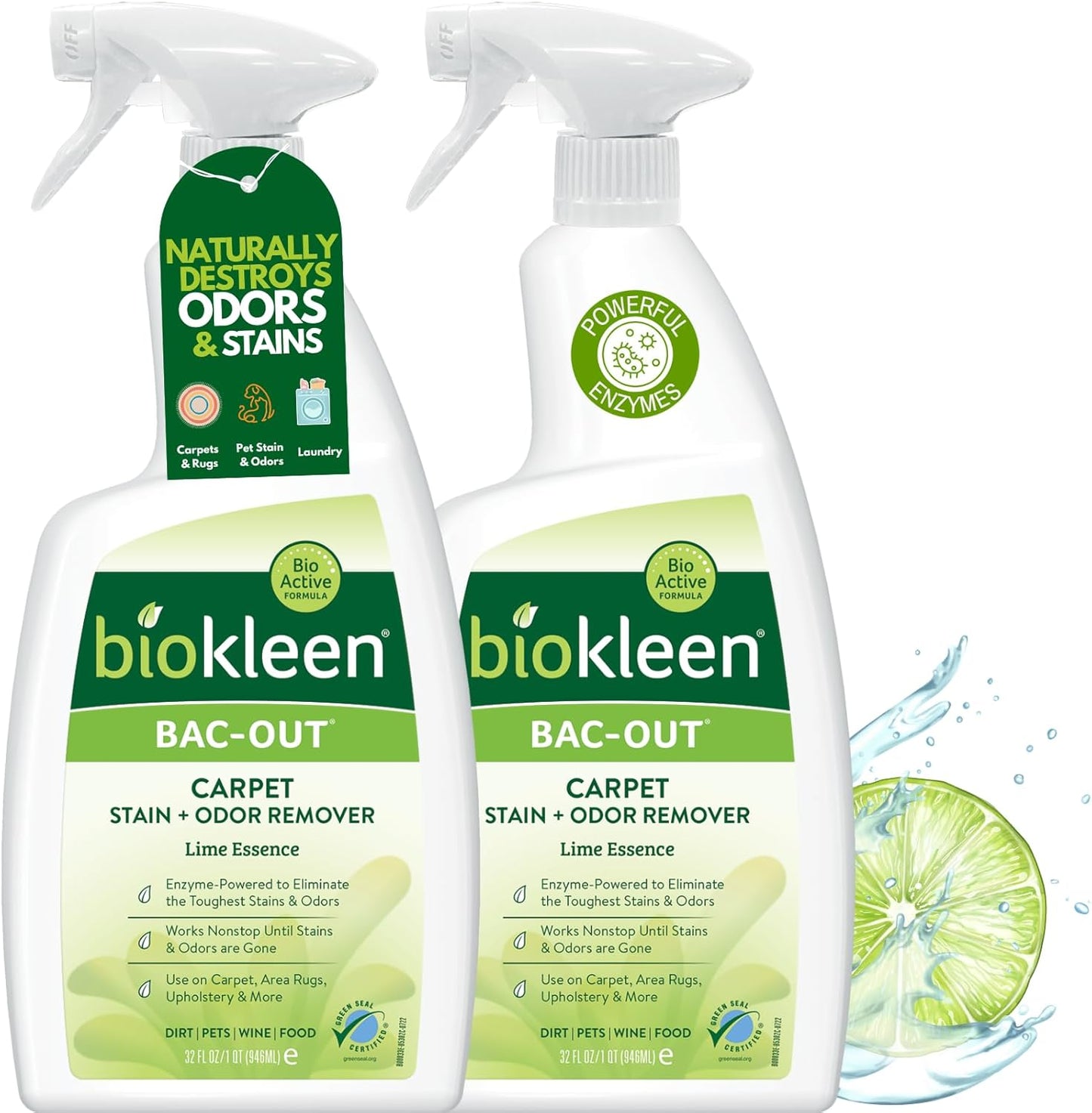 Biokleen Bac-Out Carpet Cleaner Spray, Stain Remover and Odor Eliminator, Use on Area Rugs, Upholstery & More, Removes Dirt, Pets, Wine & Food, Lime Scent, 32 oz, 2 Pack