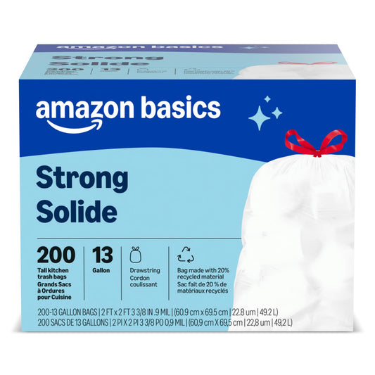 Amazon Basics Trash Bags, Tall Kitchen Drawstring, Unscented, 13 Gallon, 200 Count, Pack of 1