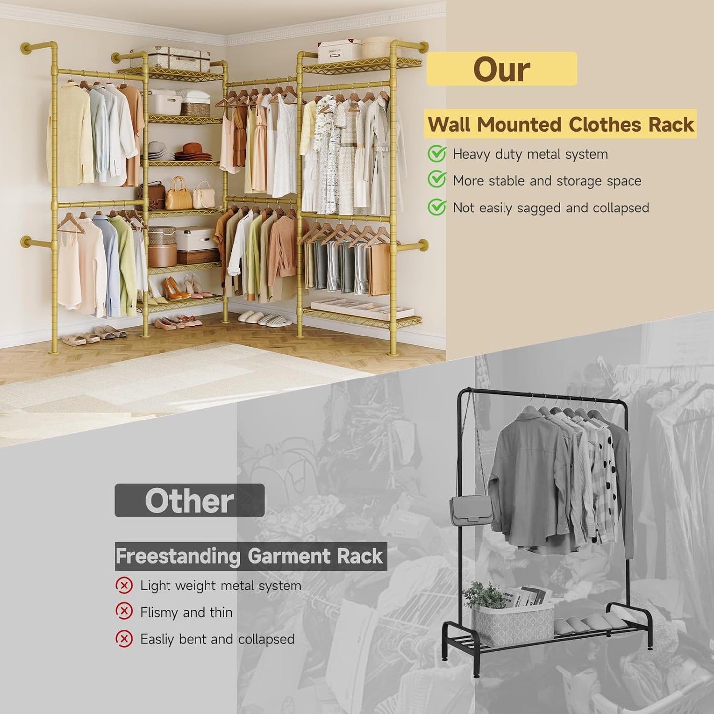 ONBRILL L4 Wall Mounted Industrial Pipe Clothing Rack, Closet Organizer System with 6 Hanging Clothes Rods ( 4 Expandable Rods) & 8 Shelves, Heavy Duty Corner Garment Rack, Large Wardrobe - Gold