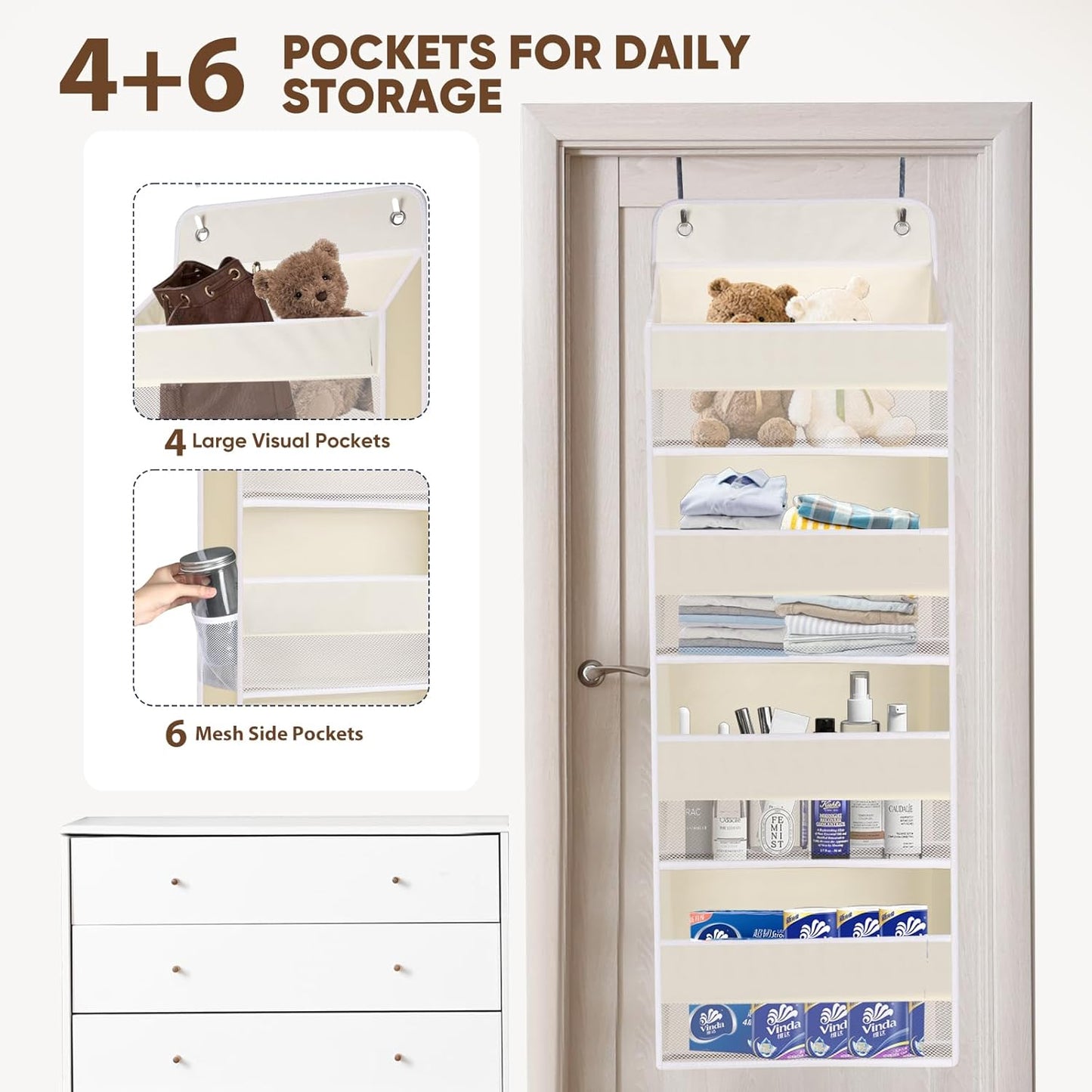 QINGUANG Over The Door Organizer,Hanging Organization and Storage, Behind Door Organizer with Side Pockets, 35 lbs Capacity,Anti Tilt, for Nursery, Bathroom, Bedroom,Dorm 4-Shelf Beige